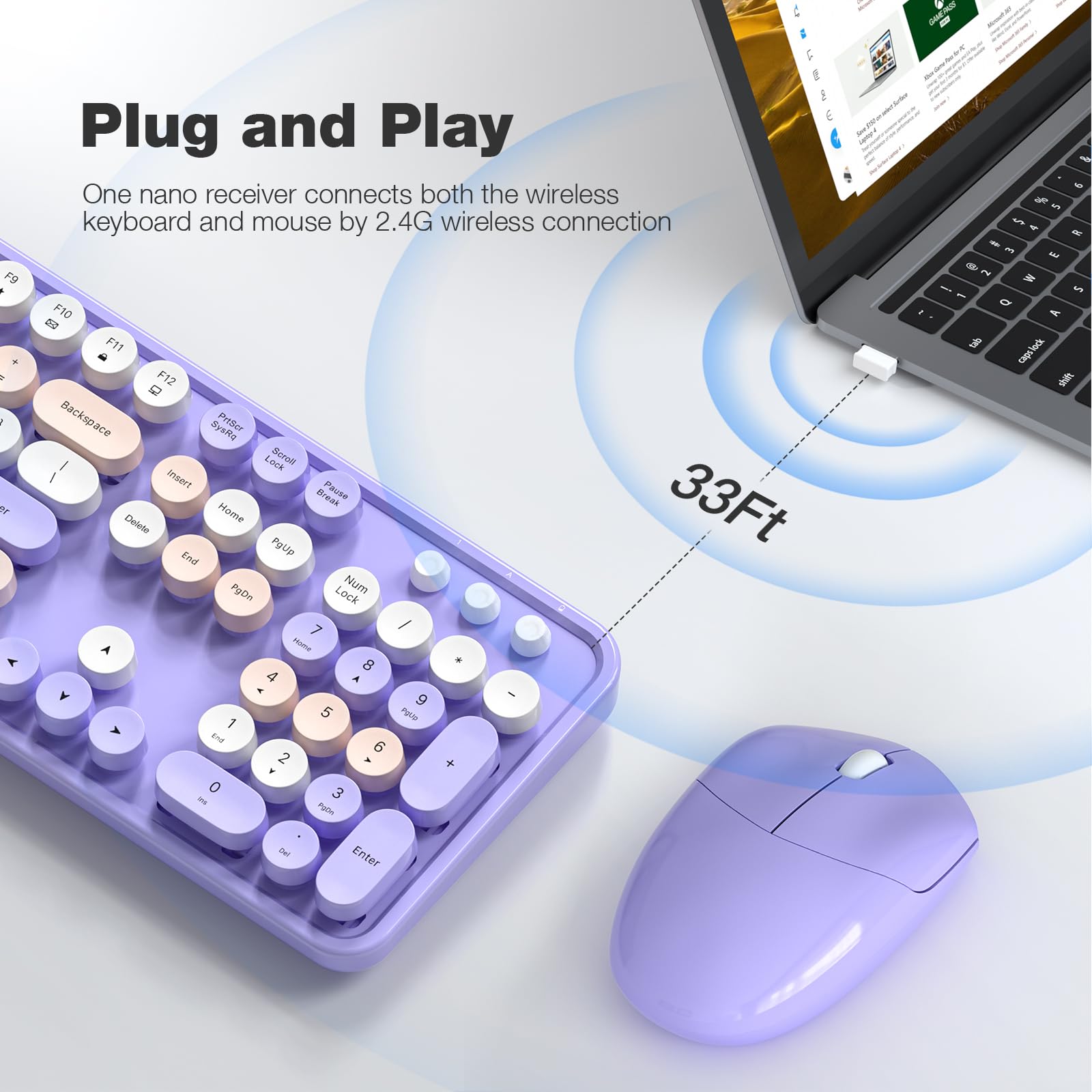 MOFII Wireless Keyboard and Mouse Combo,2.4GHz Retro Full-Size Keyboard with Number Pad and Cute Wireless Mouse for Computer PC Desktops Laptop WindowsxP/7/8/10(): Purple Colorful-B