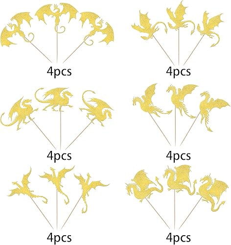 Miniatura 3 de Paquete de 24 adornos para magdalenas de dragón con purpurina y fantasía, para cumpleaños, temática medieval, baby shower, fiesta de cumpleaños,