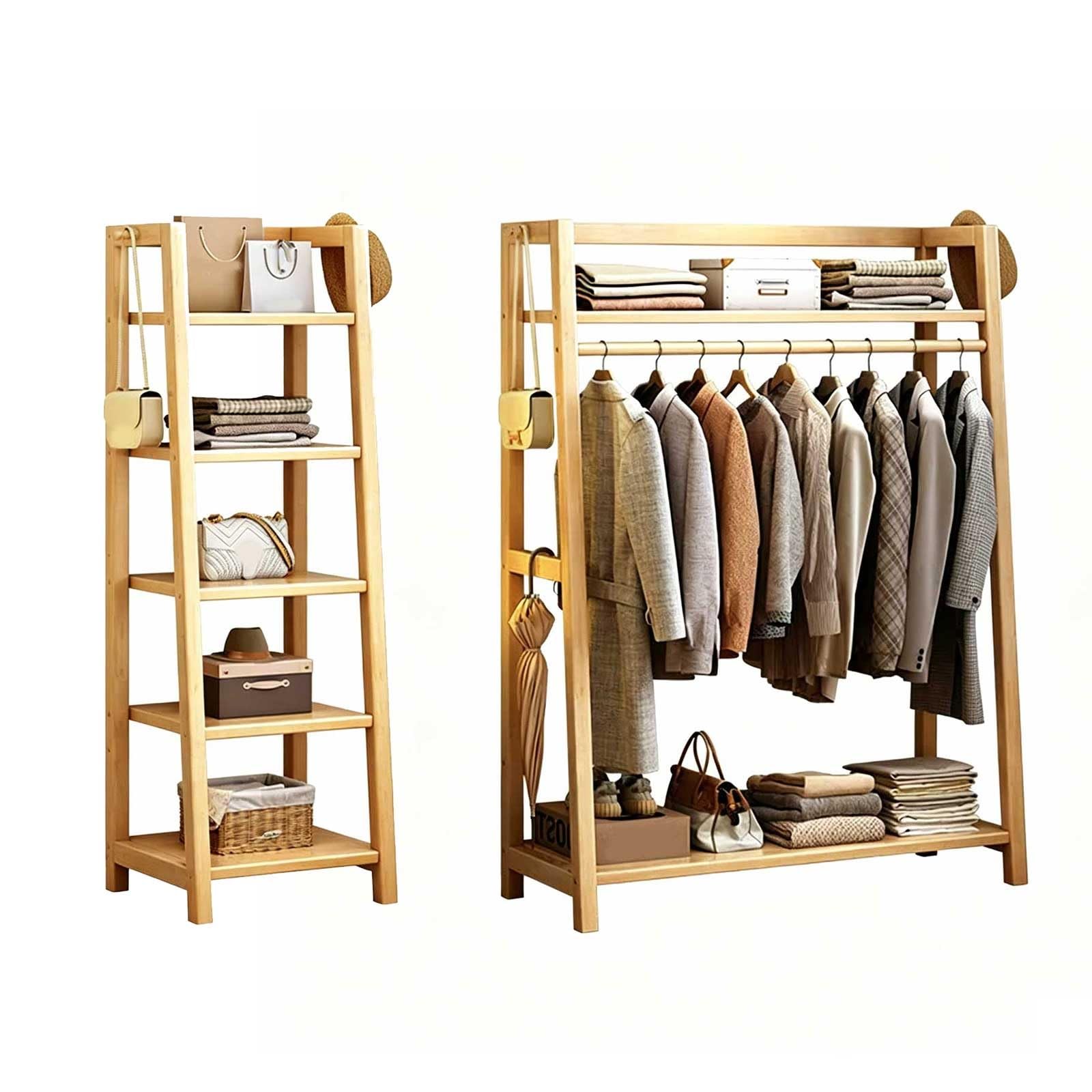 KIBONCY Wooden Clothes Rack with Drawers and Storage Shelves, Freestanding Open Wardrobe Organizer, Multifunctional Garment Rack(B3,80x40x170cm)