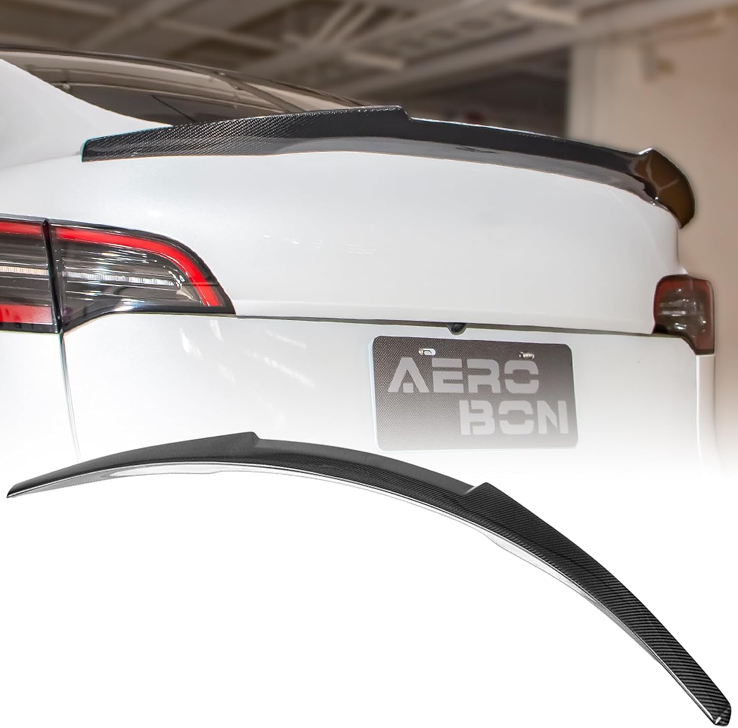 AeroBon Real Carbon Fiber Trunk Spoiler Compatible with 2020-2024 Tesla Model Y Rear Spoiler (H Style) High Kick