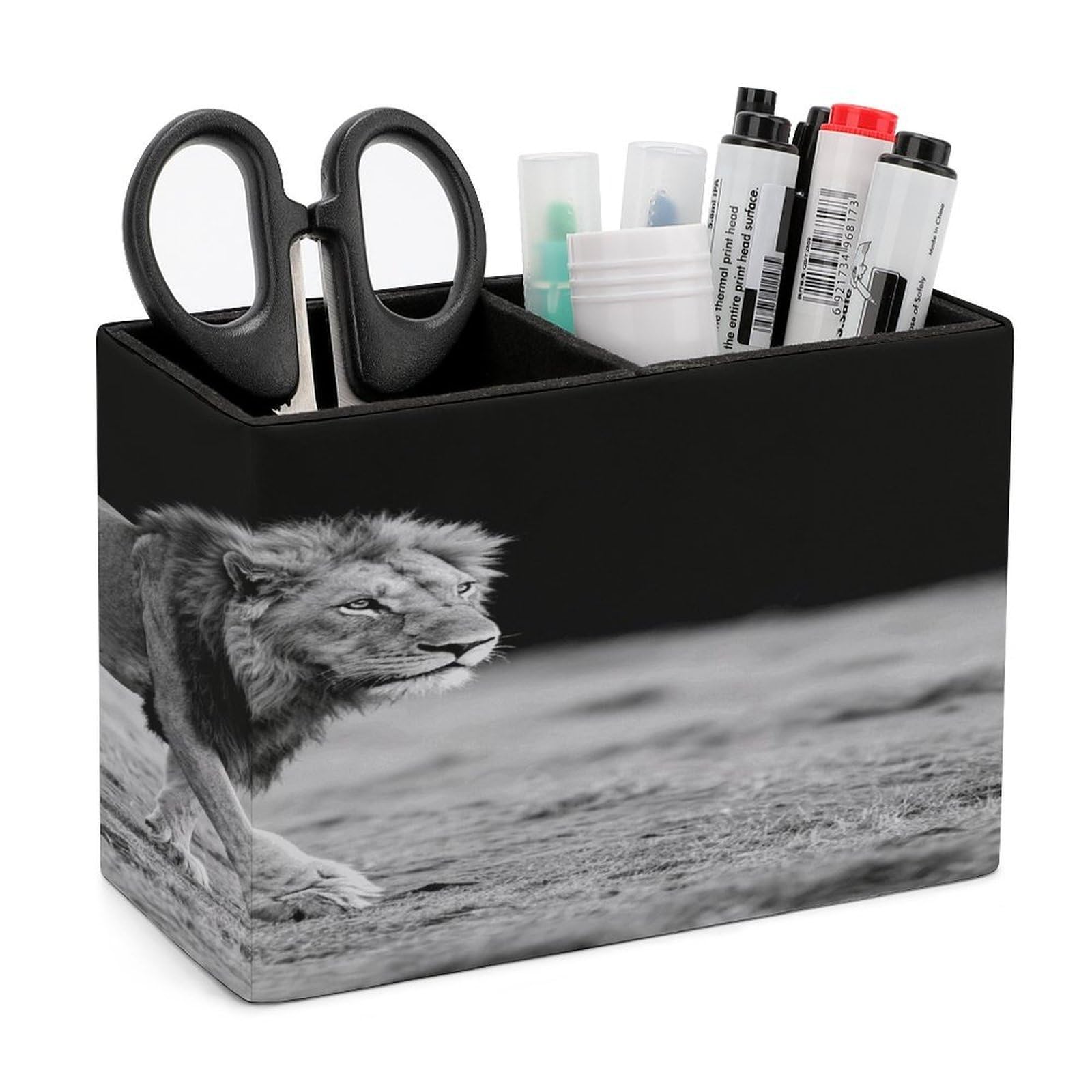 VstaDank Wild Animal Lion Pencil Holder for Desk Organizer 2 Compartments Pen Cup Leather Square Pen Holder Pencil Cup Stand Makeup Brush Holders for Desktop Organizer Storage Case
