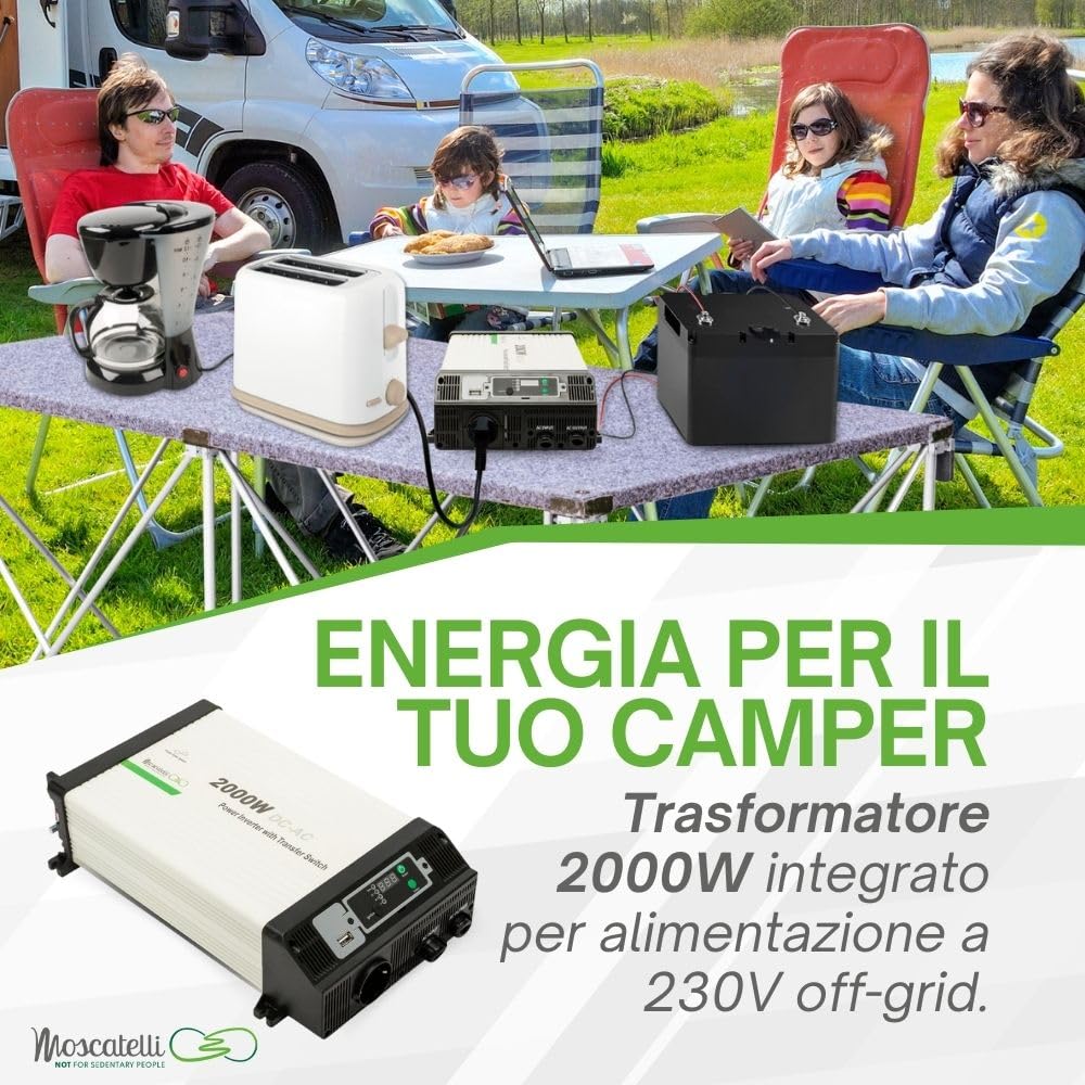 Kit Fotovoltaico Camper 200W Max con Batteria Litio e Inverter – Pannello Black Boost + MPPT 25A Bluetooth + Batteria LiFePO₄ 12V 100Ah + Inverter Onda Pura 2000W – MOSCATELLI