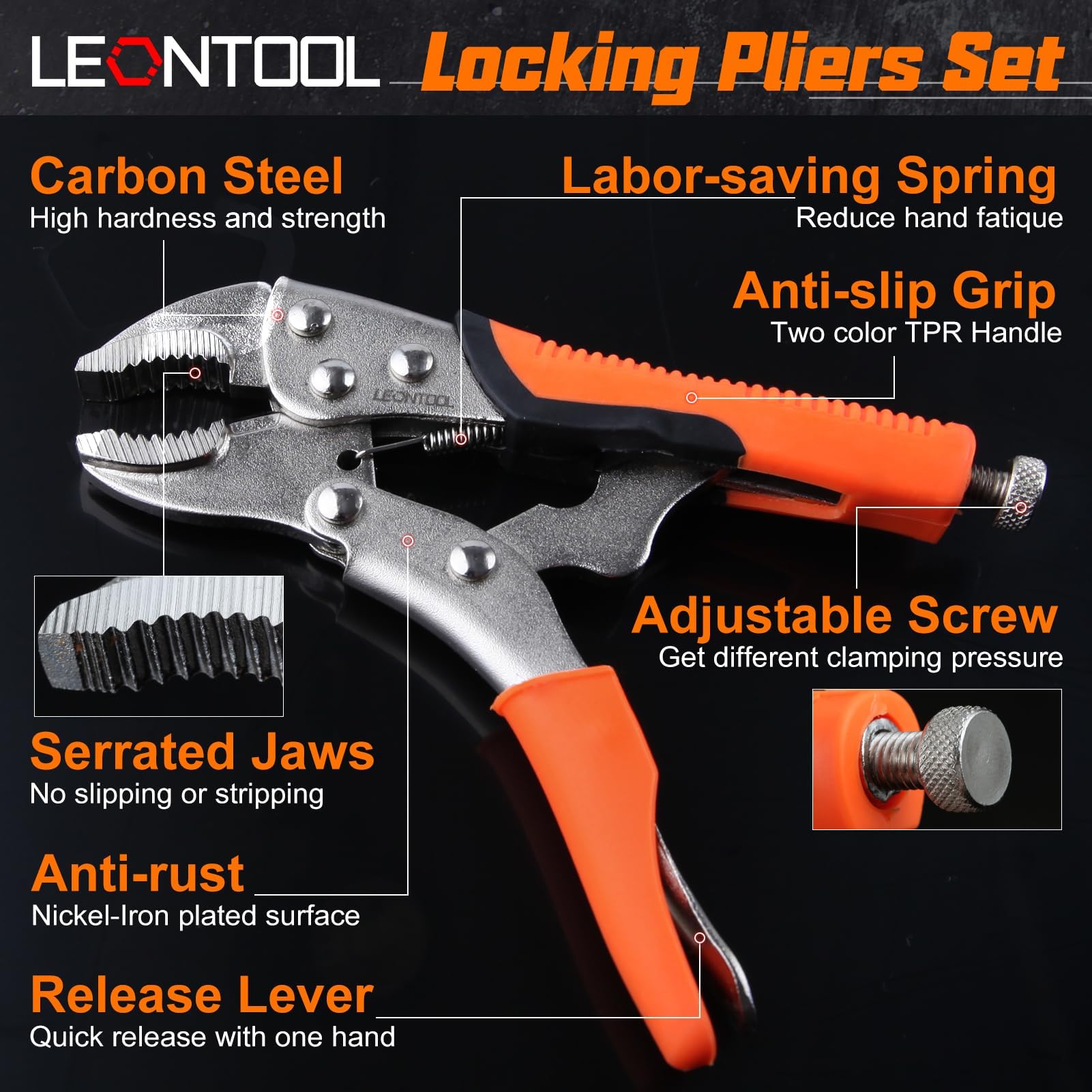 LEONTOOL Juego de alicates de bloqueo de 6 piezas, juego de alicates de agarre de tornillo de banco de 5, 7 y 10 pulgadas, alicates de bloqueo de mandíbula curvada, 6-1/2 pulgadas, 9-1/2 pulgadas,