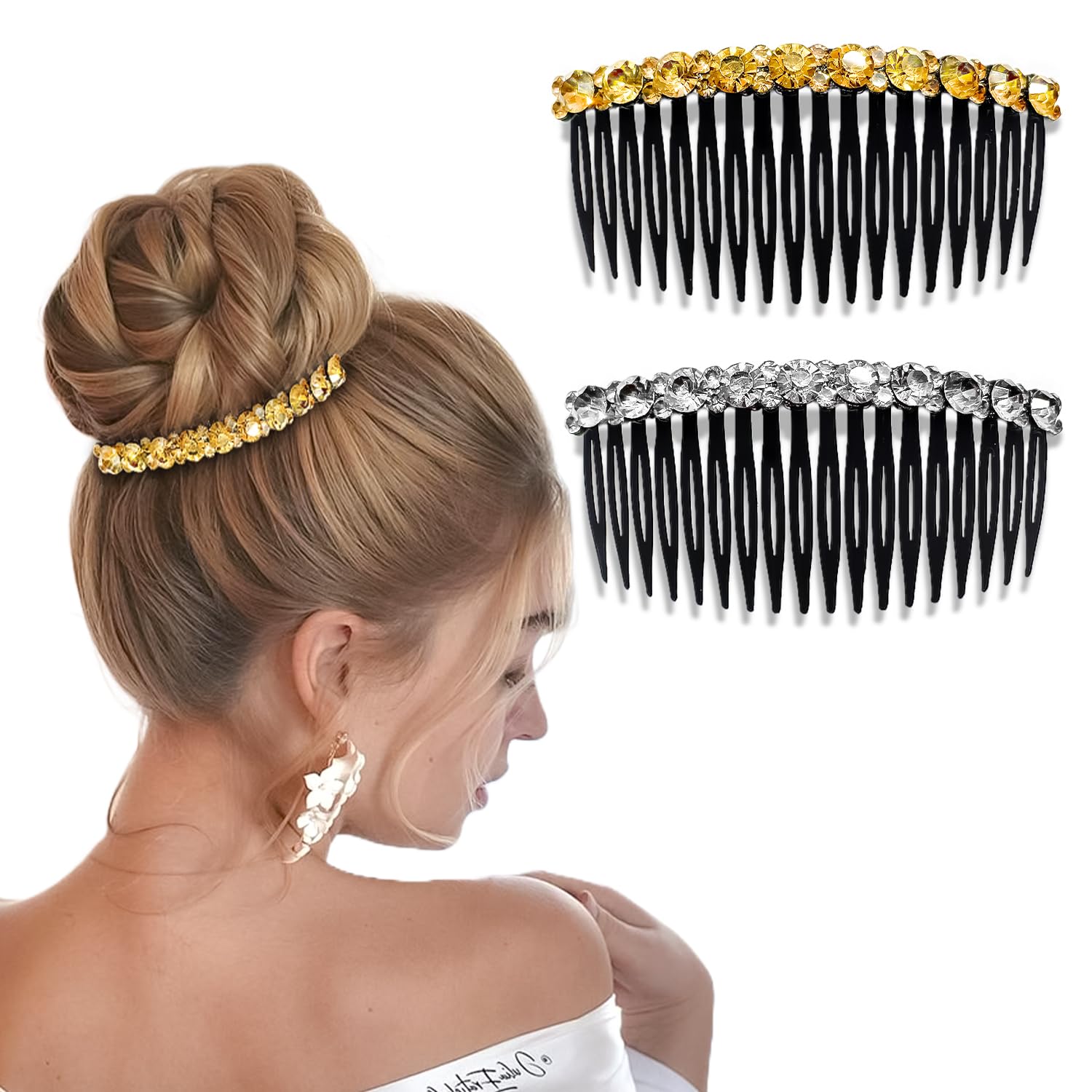LYKAA Hair Style Comb for Women Rhinestone Hair Juda Pin for Bridal Wedding Crystal Stone Party Braid Wear Hair Juda Bun Hair Accessories for Woman & Girls | Sparkling Decorative Valentine Gift Set Of 2 Pcs (Golden / Silver)