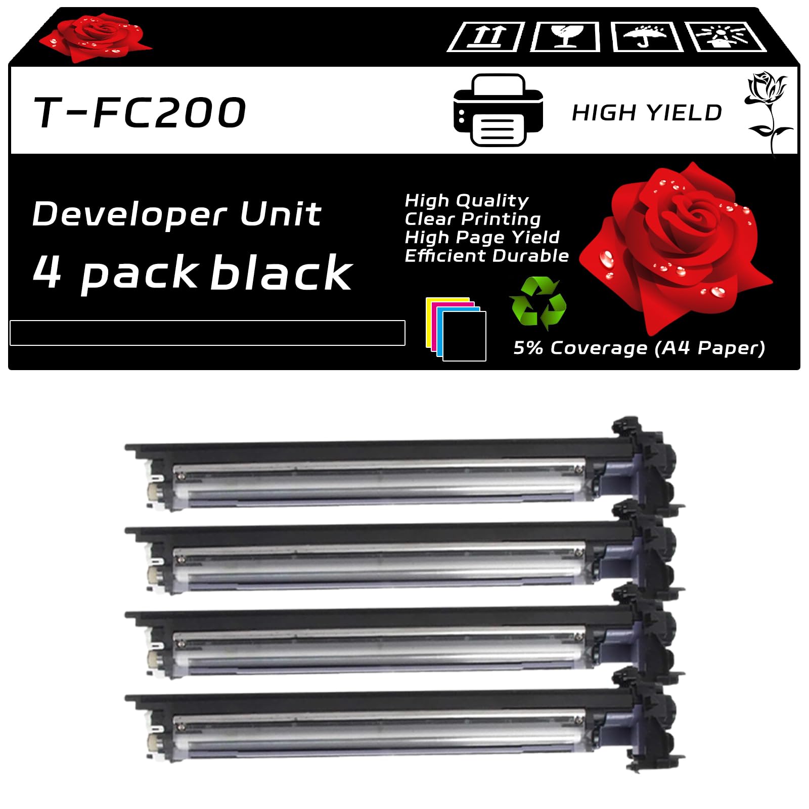 T-FC200 Developer Unit Compatible for Toshiba E Studio 2000AC 2500AC Printers, with Chip, High Yield 80000 Pages, Clear Printing (4 Pack Black)