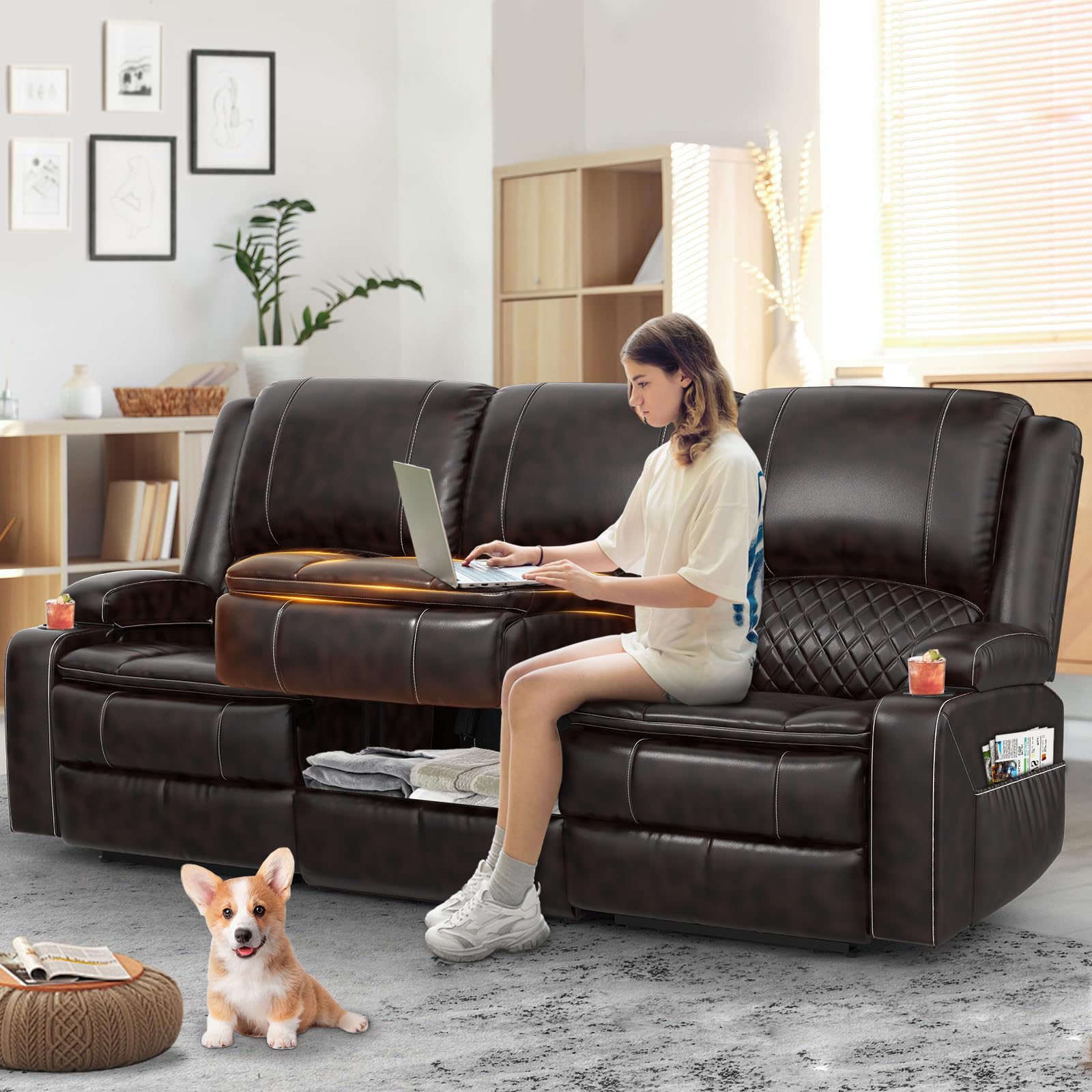 Yolsali 3-Seater Recliner Sofa, Manual Reclining Couch with Multi-Functional Middle Seat, Reclining Sofa for Living Room with Hidden Storage Space,