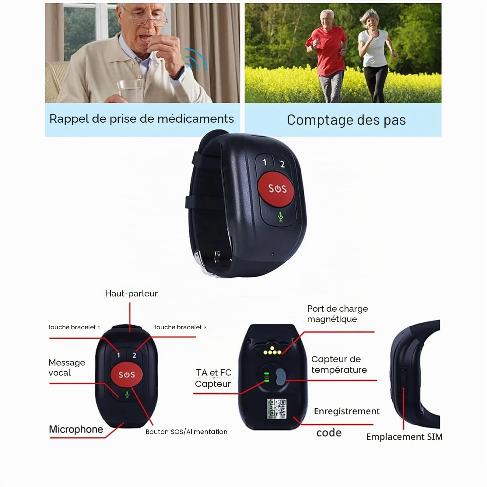 Tracker GPS 4G pour personnes âgées, montre intelligente avec détection de chute, appel rapide, rappel de médicaments, interphone vocal, surveillance de la température corporelle, bouton SOS, autisme,
