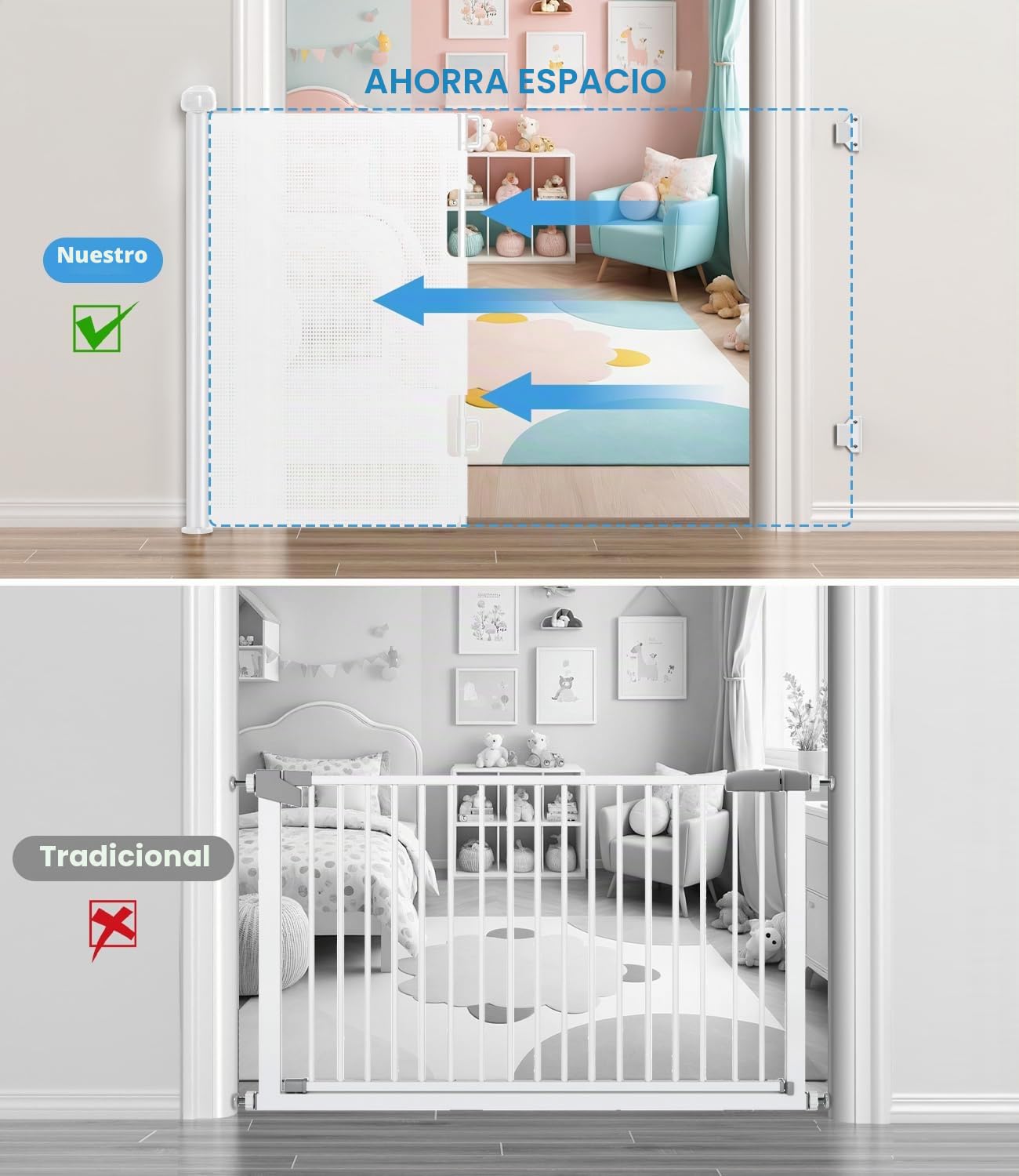 Nalezuns Barrera Seguridad Niños, Barrera Escalera Bebe 0-140cm, Protección Flexible, Puerta Escalera Bebe Seguridad para Escaleras y Pasillos Interiores y Exteriores (Blanco)