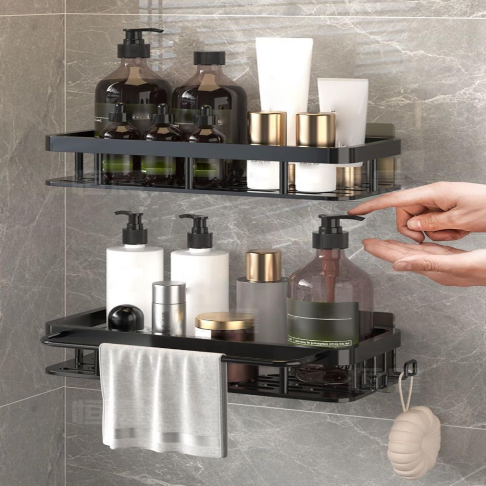 Heiegdr Shower Organizer and Storage Aluminum Shower Caddy Adhesive Bathroom Shelves No Drill Wall Mount Bathroom Rack with