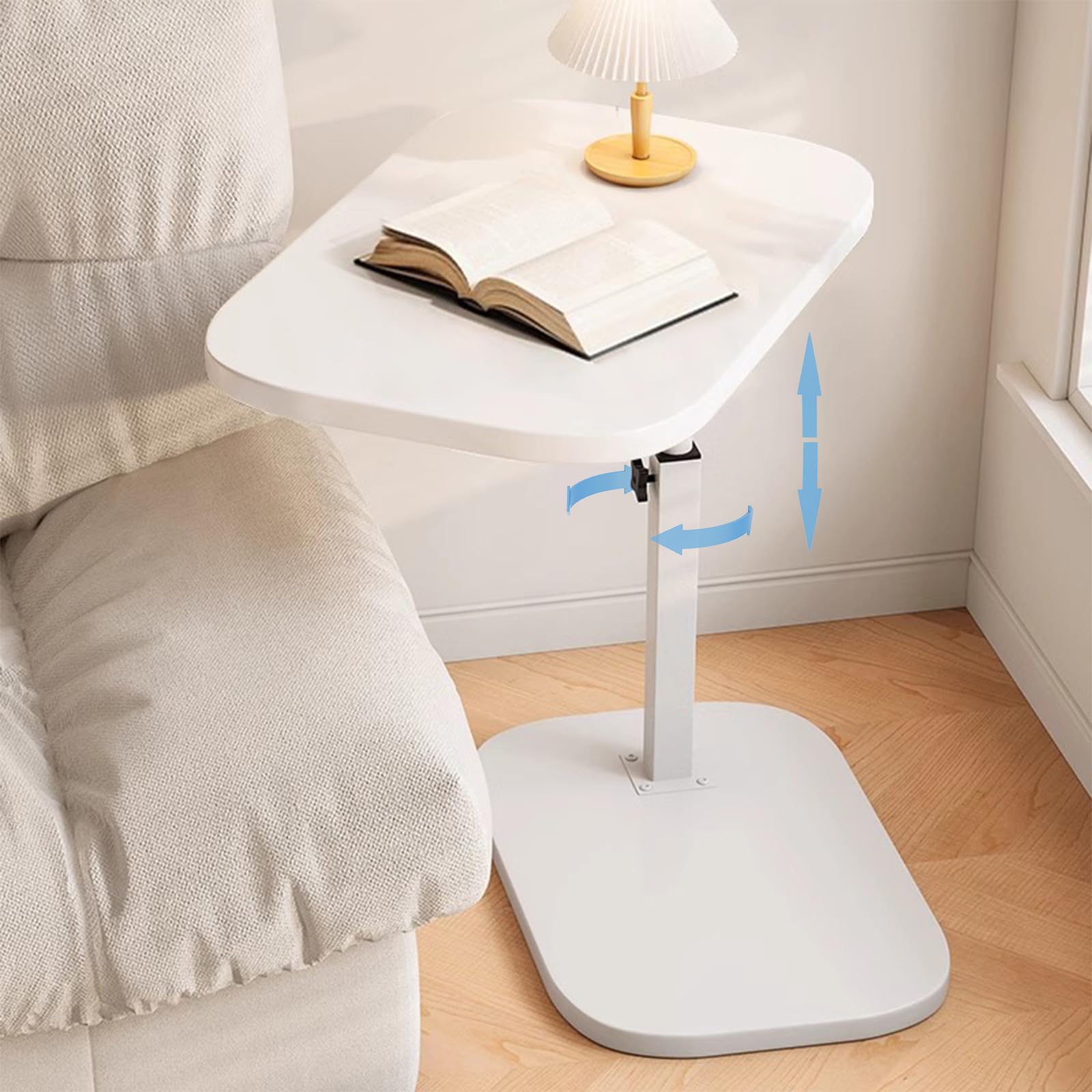 Pedestal C-Shaped Adjustable Small End Tables for Small Spaces Side Table，Desktop can Turn 360° and The Height of The Sofa Side Table can be Adjusted（White Desktop + White Bottom）-picture-18
