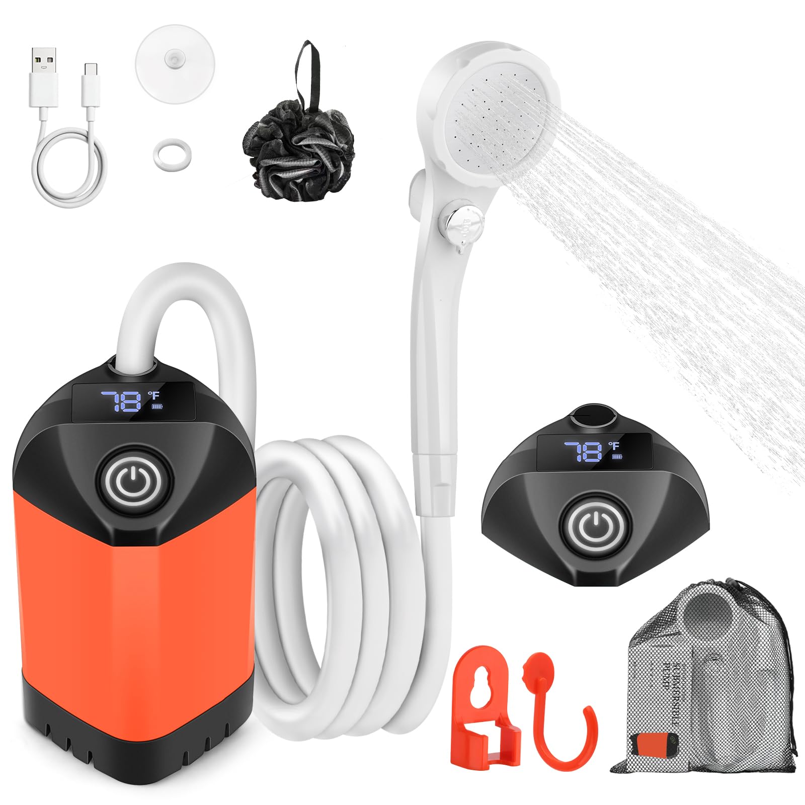 B013 Portable Camping Dusche mit 7800mAh Akku, USB-C, 3-Stufen Duschkopf & leiser Pumpe – Wasserdicht mit LED Temperaturanzeige für Vanlife, Outdoor Reise, Strand & Haustier