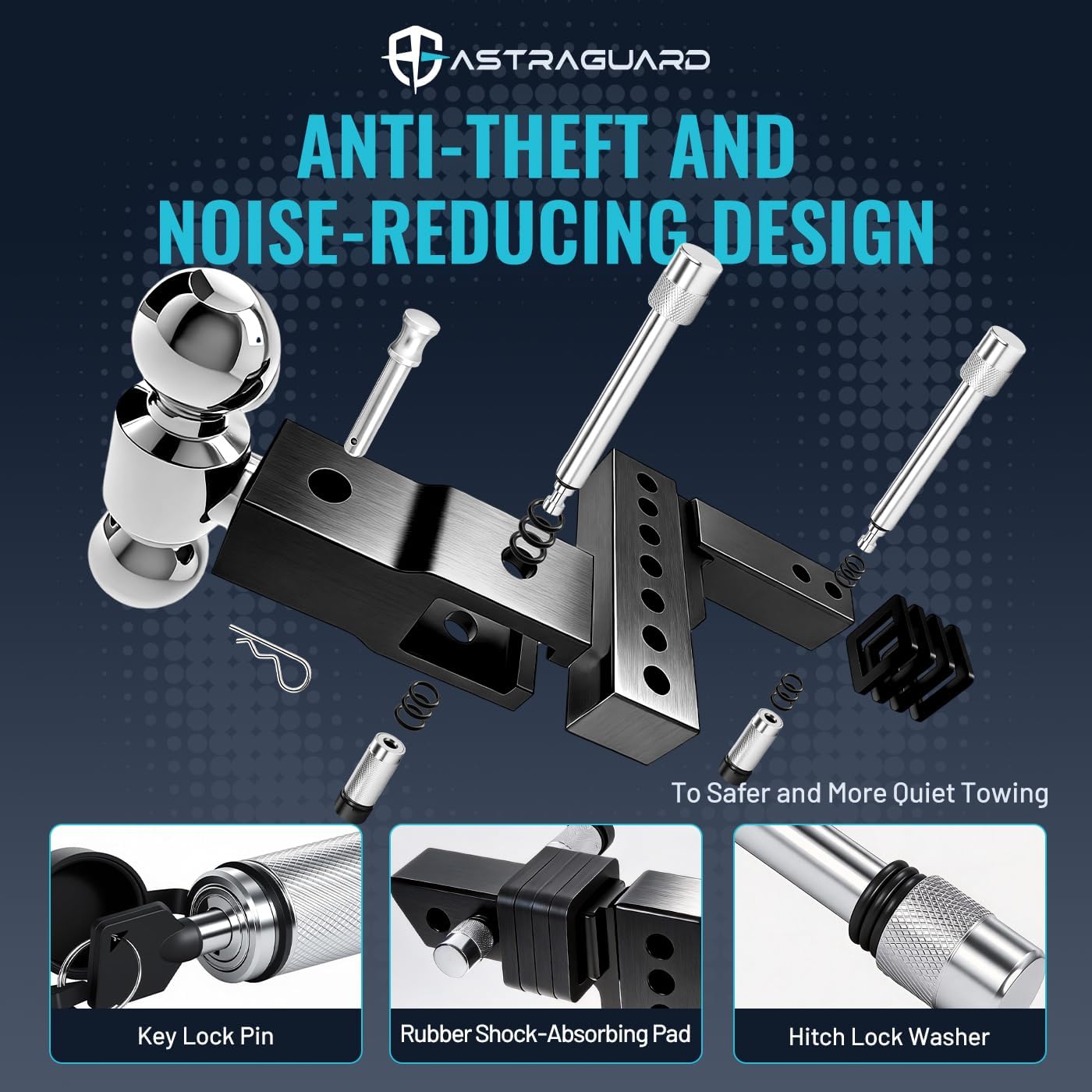 Adjustable Trailer Hitch Fit 2 Inch Receiver, Tri-Ball (1-7/8", 2", 2-5/16") Heavy Duty Aluminum Tow Hitches with 6 Inch Rise/Drop for Truck (12500 LBS GTW)-Weatherproof & Anti-Theft