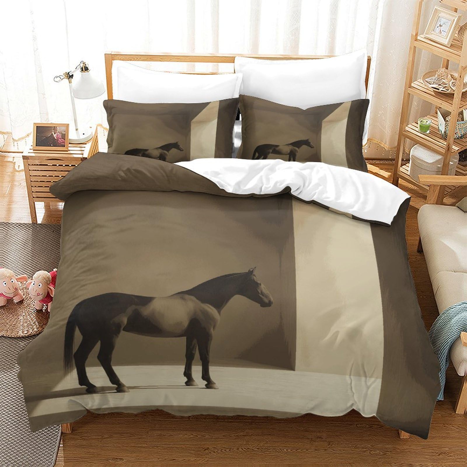 P1S9U7W5Y Vintage Horse 3D Printed 3 Piece Duvet Cover Set Microfiber Bedroom Decor Horse Themed Bedding Set for Adults Soft Breathable King（220x240cm）