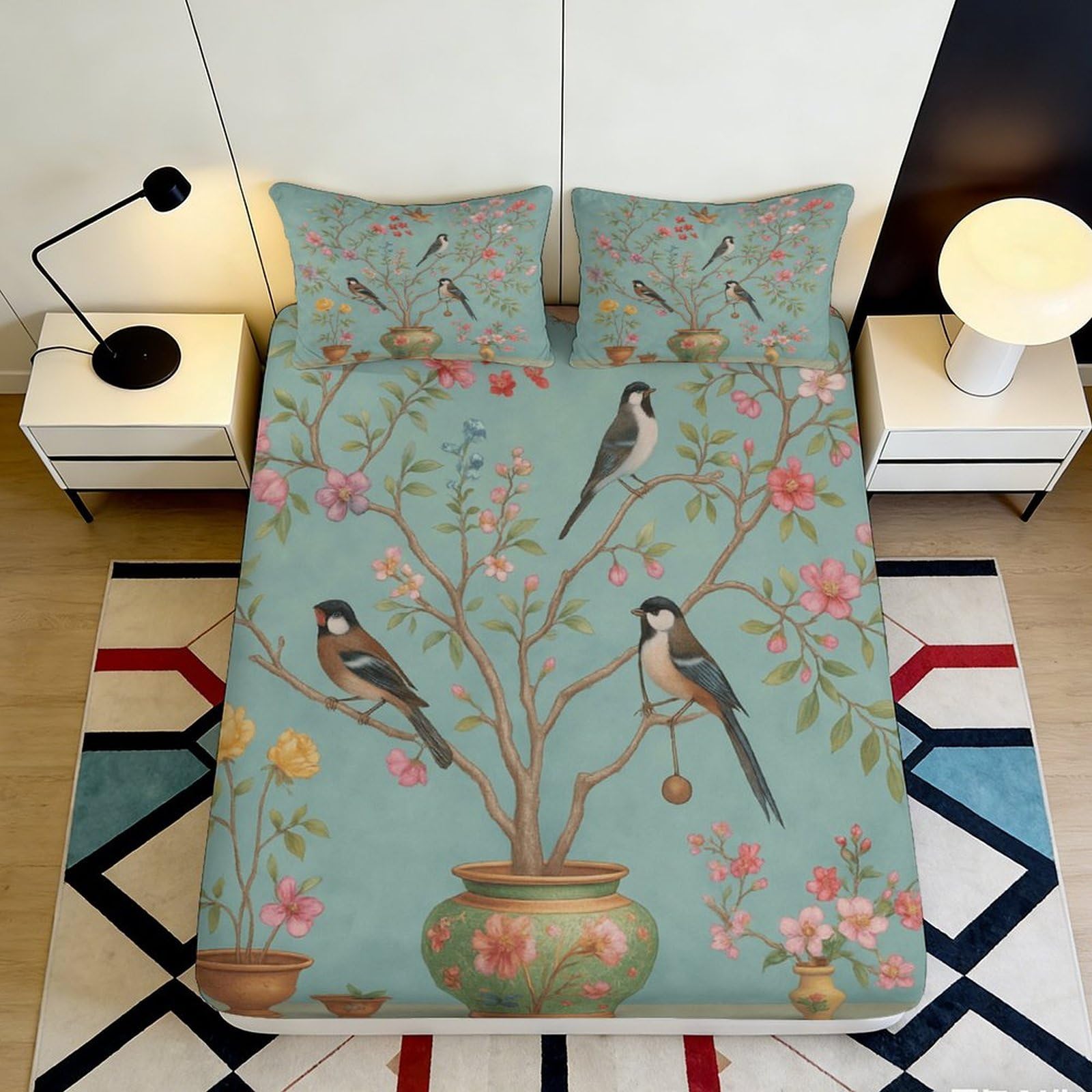 3D Printed Floral Bird Fitted Sheet Microfiber Elastic Hem Bedroom Bedding Floral Bird Mattress Fitted Cover Washable Deep Pocket 140x200x25cm