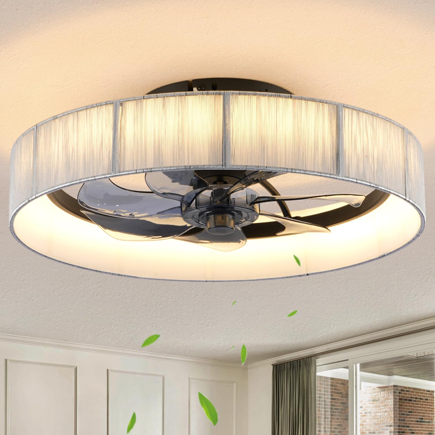 Photo 1 of 19.6" Flush Mount Rattan Farmhouse Chandelier Ceiling Fan with Light Remote Control,Boho Ceiling Fans with Lights,Dimmable 3 Colors 6 Speed Timer,Rustic fabric Hanging Light Fixtures for Bedroom