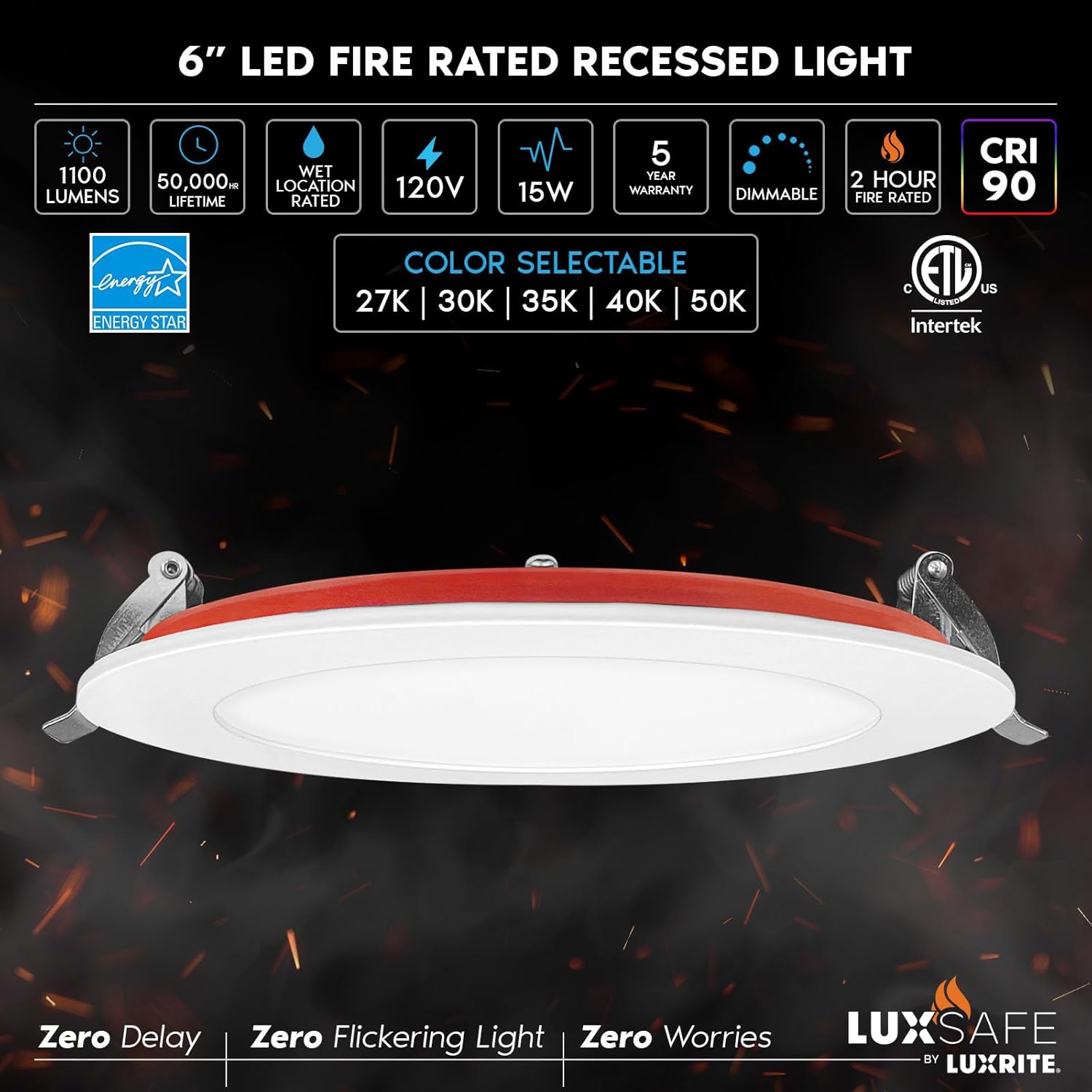 LUXRITE 6-Pack 6 Inch Ultra Thin LED Fire Rated Recessed Lights, 5CCT 2700K/3000K/3500K/4000K/5000K, 2 Hour Fire Rating, 1100 Lumens, Dimmable Wafer Lights, IC Rated, Wet Rated, ETL, No Tenmat Needed