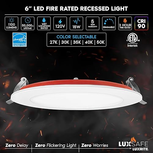 Miniatura 7 de LUXRITE Paquete de 6 luces empotrables LED ultrafinas de 6 pulgadas, 5CCT 2700K/3000K/3500K/4000K/5000K, clasificación de fuego de 2 horas, 1100