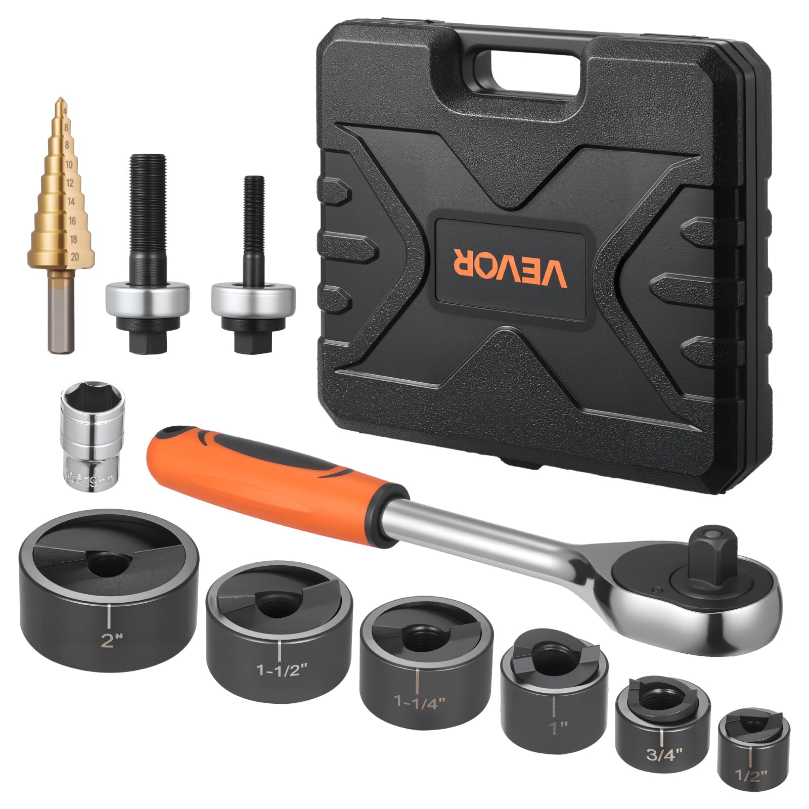 VEVOR Kit di Perforazione Manuale, Set di Punzoni per Espulsione a Cricchetto SLUG-Buster da 1,27 a 5,08 cm, con Chiave a Cricchetto 6 Dimensioni di Matrice, in Acciaio 40Cr Ko per Alluminio
