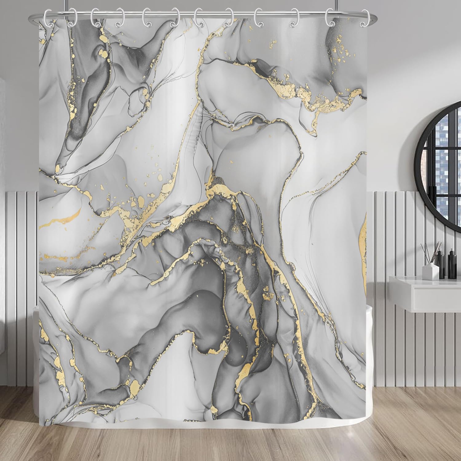 Hnmdmyi Marble Shower Curtain 180x180, Grey Gold Abstract Marble Bathroom Curtains Luxury Modern Aesthetic Art Ink Texture Waterproof Polyester Fabric Washable Bath Curtains with Hooks
