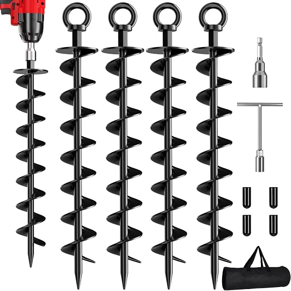 Ground Anchors Screw in, Spiral Trampoline Anchors with Nut and Tool Swing Set Anchors Tent Stakes High Wind Heavy Duty
