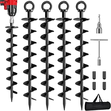 Ground Anchor Screw in, 4 Pack Spiral Trampoline Anchors with Nut and Tool Swing Set Anchors Tent Stakes High Wind Heavy Duty for Sheds, Carports, Mobile Home Black