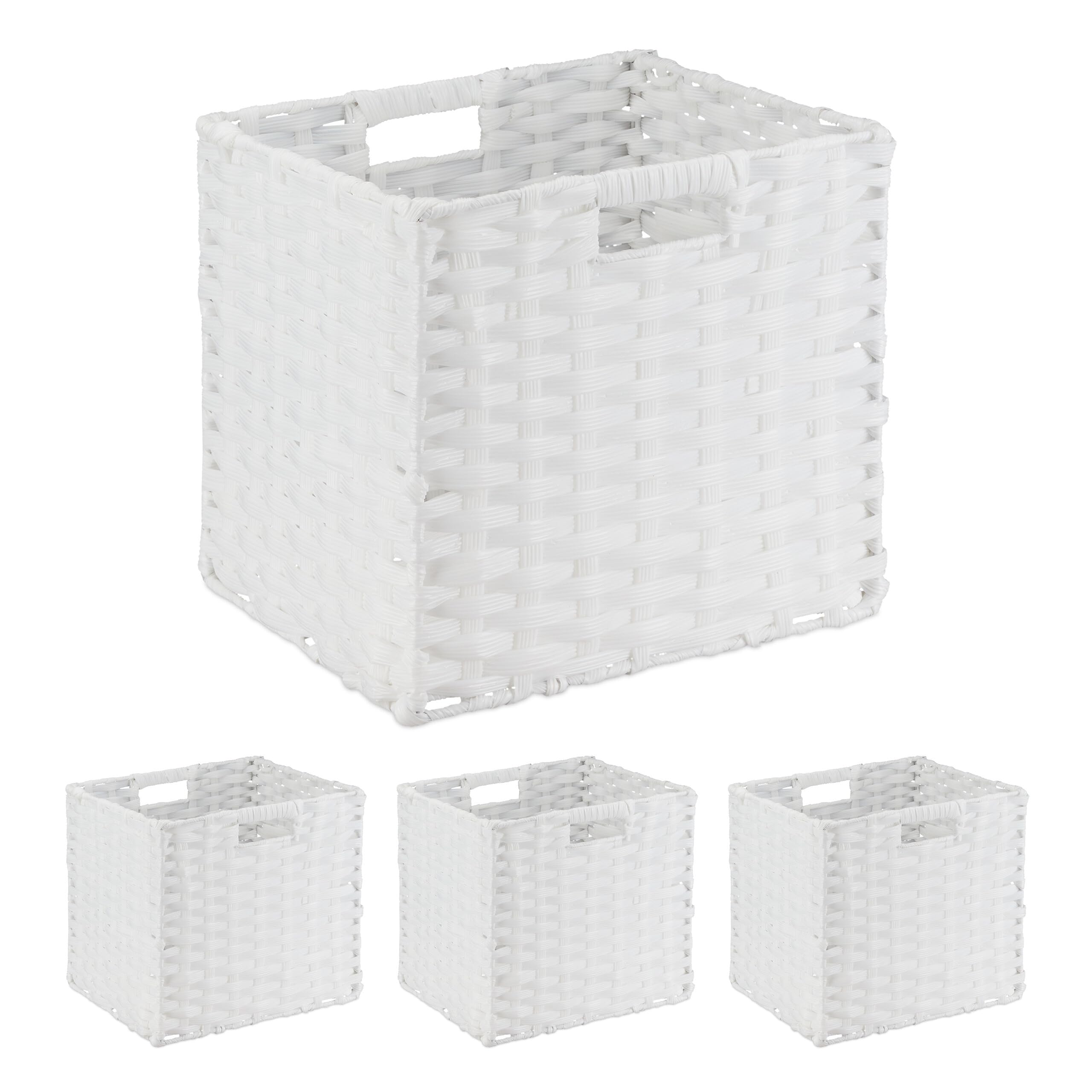 Relaxdays Cesti Intrecciati Portaoggetti in Plastica, Set 4 Scatole da Scaffale, HLP 31x32x30 cm, Organizer Cubo, Bianco