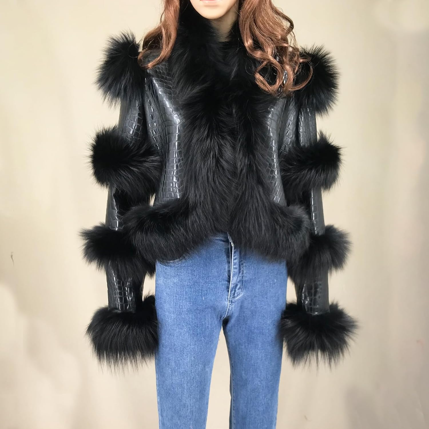 LVCOMEFF Women Sheep Leather Cropped Jacket Bolero Top Coat Motorcycle Jacket With Fox Fur Layer Long Sleeve Python Pattern - Image 7