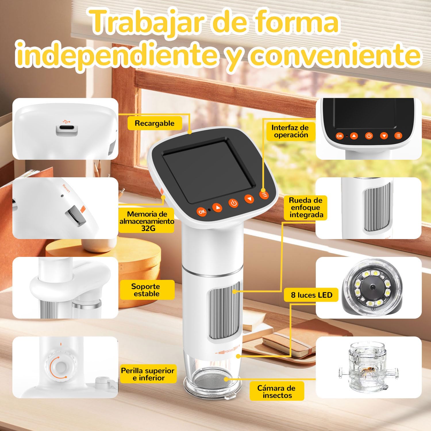 Microscope Microscopio para niños con Pantalla LCD 1000X de Gran Potencia imágenes claras de Alta definición, Cabina de Insectos única, niños, microscopio Digital portátil