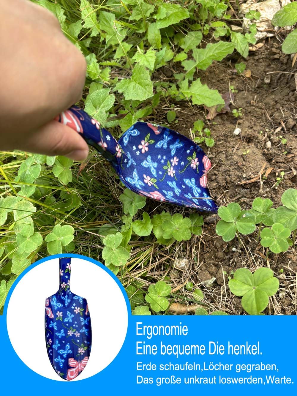 LeapFreedom Gartenschere, große Erdschaufel, Erdharke, Gartenarbeit täglich Lockerung und Beschneidung, rutschfest und langlebig, Geschenk für Männer und Frauen (3 PCS Tool) (Blaue Blume)