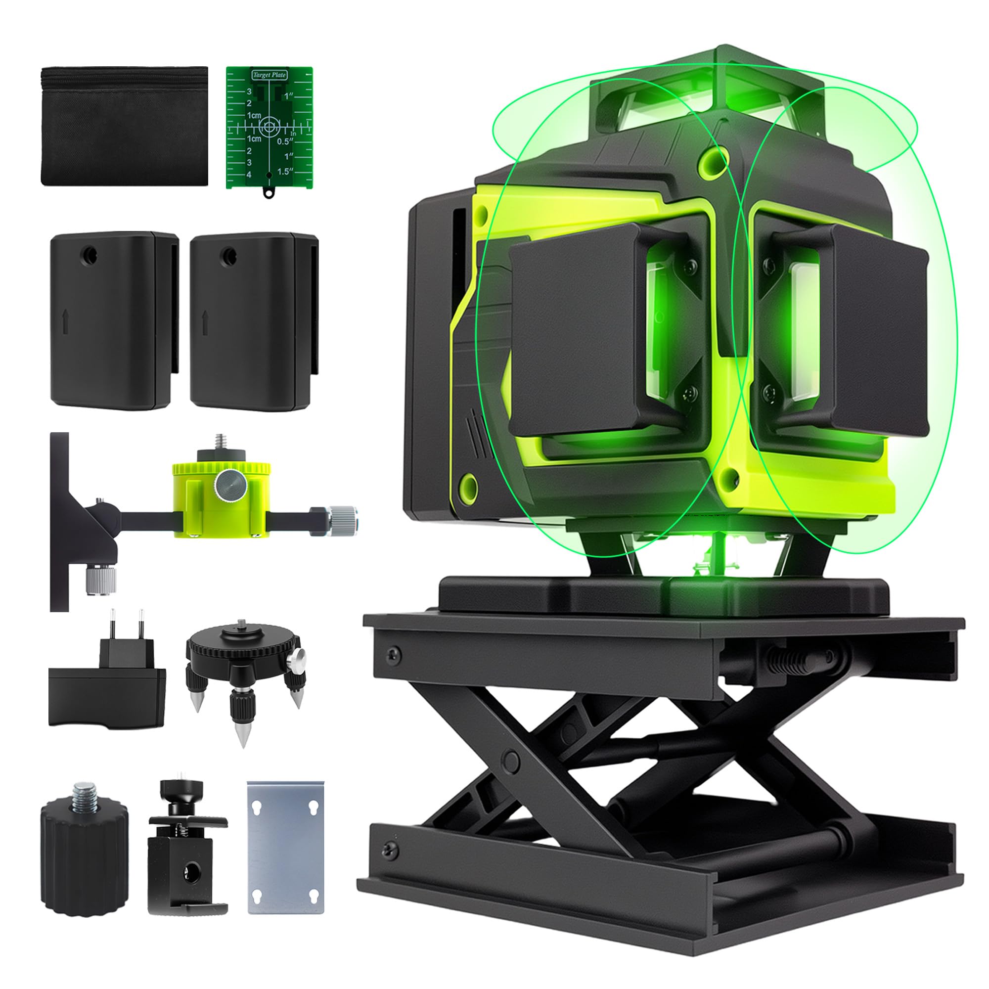 Laser Level 360 Self Leveling,4x360° 16 Lines 4D Green Cross Line Laser with 2 Batteries, Adjustable Brightness & Remote Control for Construction,