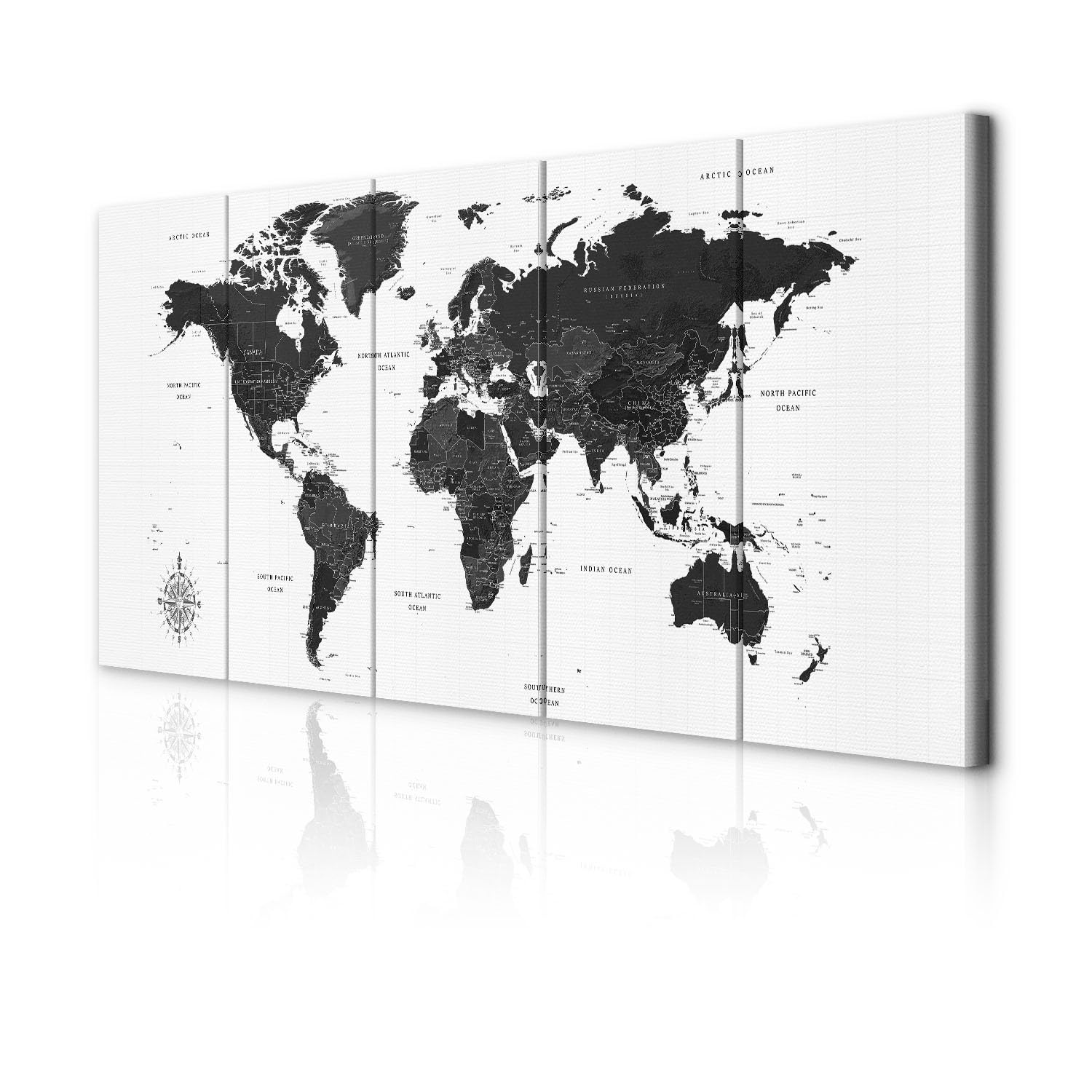 decomonkey Leinwandbild Weltkarte, 225x90 cm, 5-teilig, schwarz-weiß, Büro | Strukturierte Leinwand, Holzkeilrahmen, aufhängefertig (Nagel & Haken inkl.), Weltkarten-Motiv, hergestellt in der EU