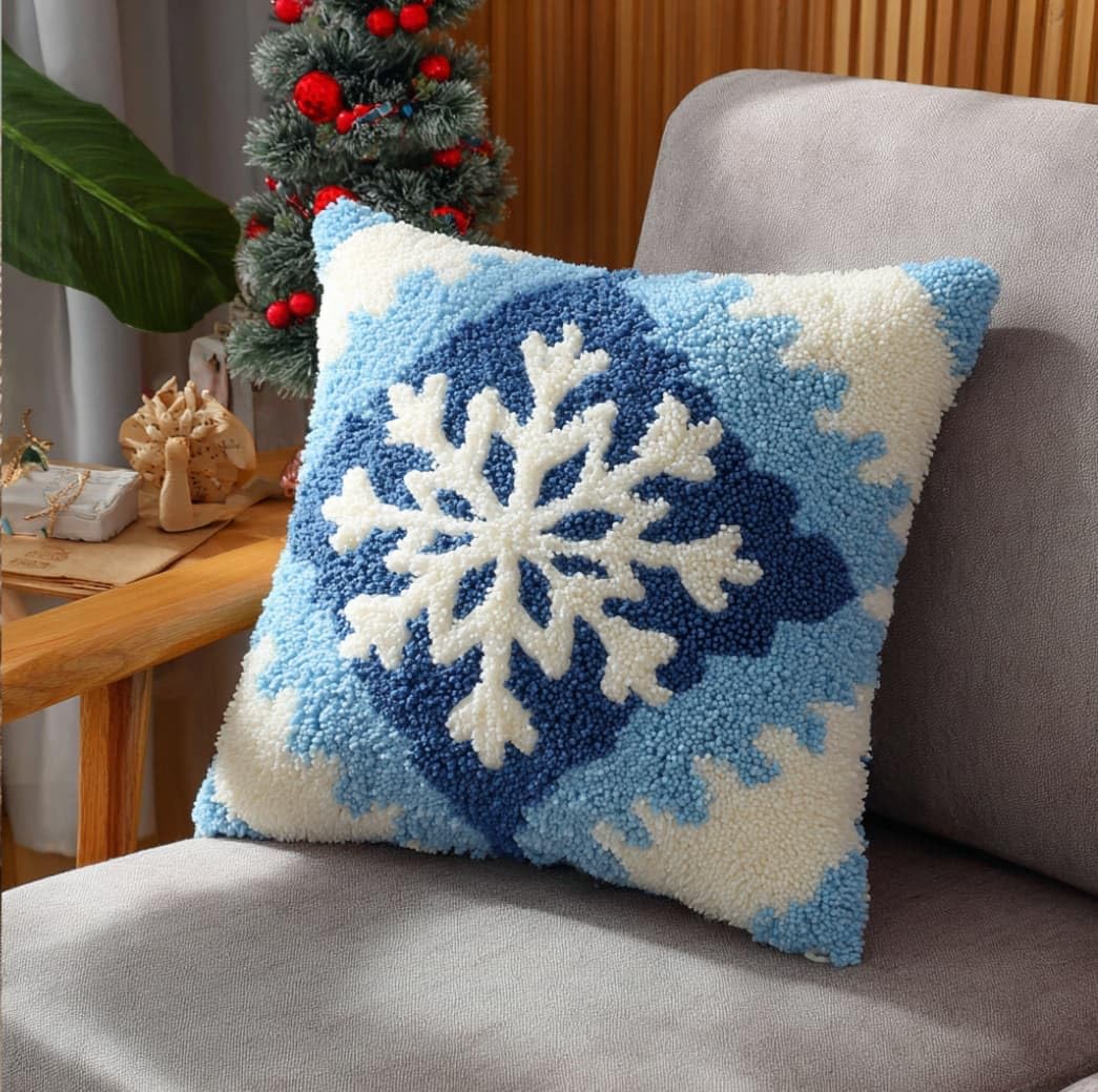 WallustrioaW Latch Hook Kit Cushion Snowflakes 43Cmx43Cm Latch Hook Kit DIY Pillow Materials Package Hooks Knitted Embroidered Carpet Pillow Embroidery