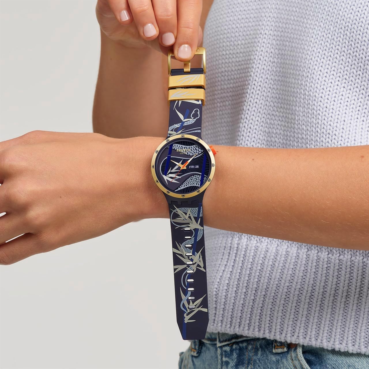 Swatch Big Bold Biosourced Unisex Watch Casual Plastic Blue Automatic Waterproof Blue and Golden Lithe Dancer