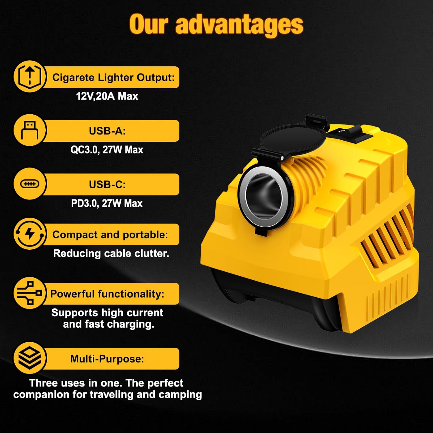 for DeWalt 18V 20V Battery 12V Converter Cigarette Socket USB C Adapter