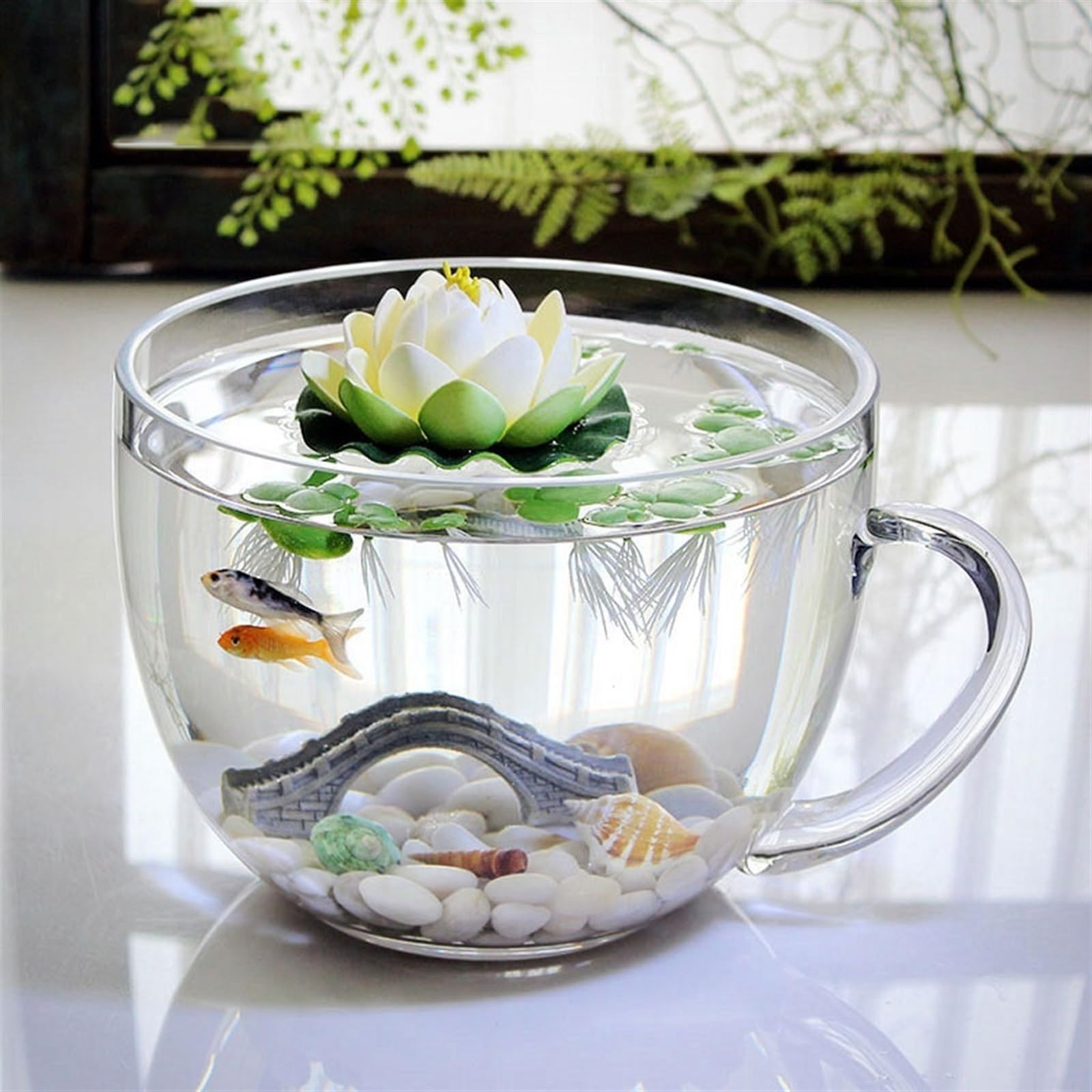 Acuario Pecera en Forma de tazón Grande con asa, Tanque de Acuario de Vidrio, Mesa Transparente Engrosada, pecera, Tanque ecológico, Adornos de Mesa Peces Acuario