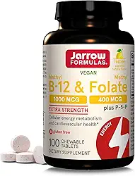 Jarrow Formulas Metil B12 e Folato de Metil - 100 Comprimidos mastigáveis, Limão - Vitamina B12 e B9 Bioativa - Auxilia na produção de energia, Função Cerebral e Metabolismo - Sem Glúten - 100 Porções