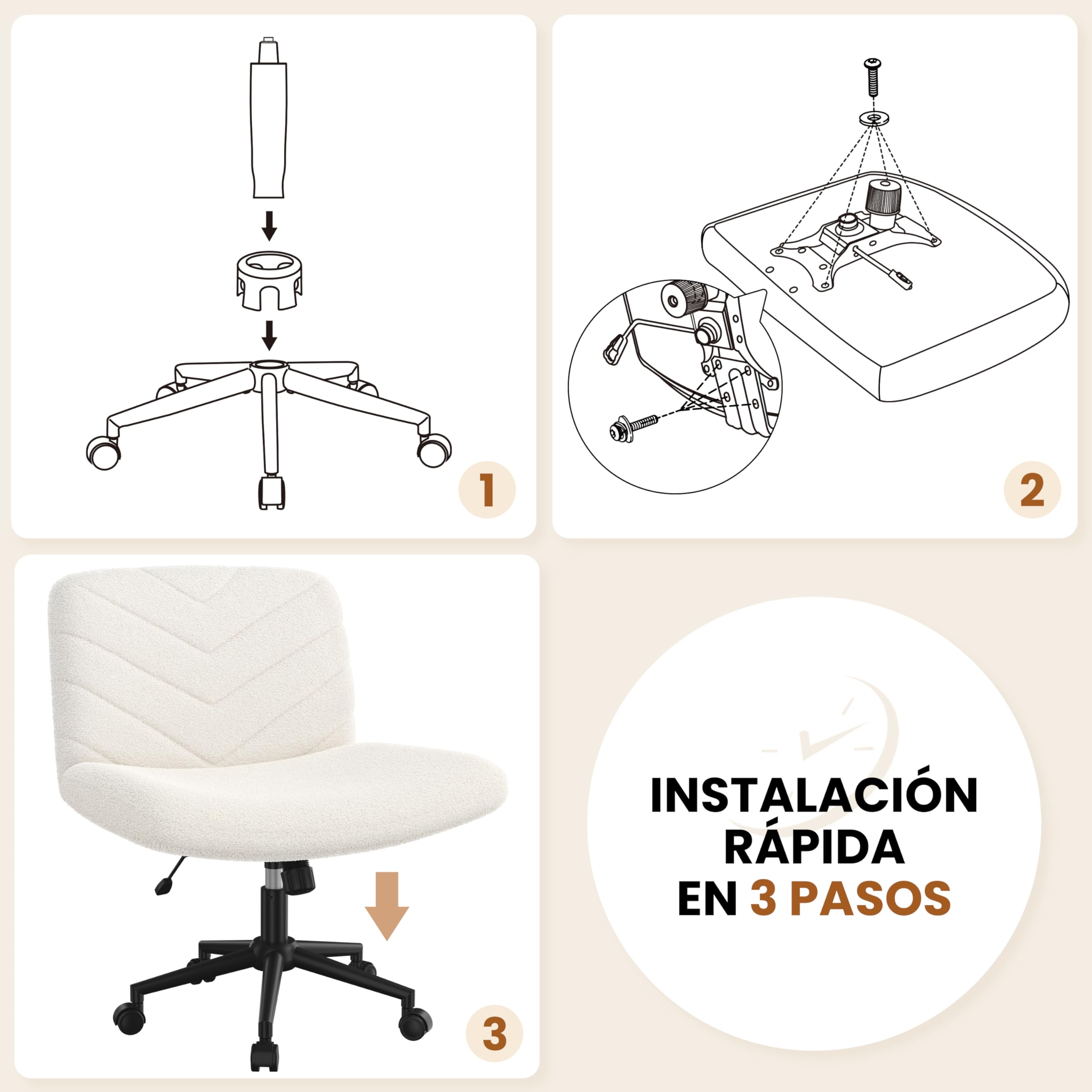 Yaheetech Silla de Oficina con Reudas, Silla Piernas Cruzadas con Función Mecedora, Ancha Sila de Escritorio para Juegos, Silla de Maquillaje sin Brazos para Casa, Marfil