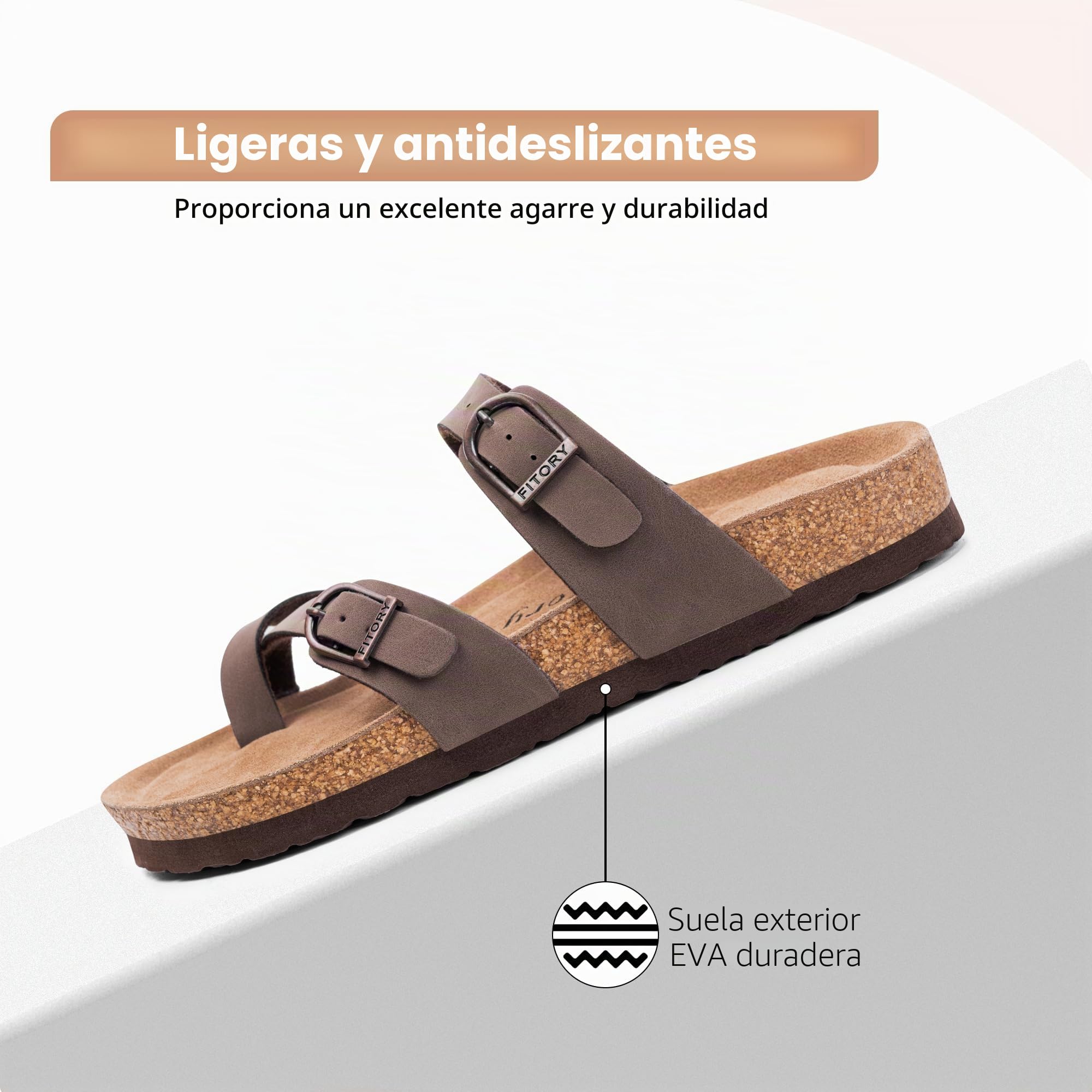 FITORY Sandalias de cuero para mujer con plantilla de corcho, ajustables cómodas y antideslizantes para verano, talla 37-43