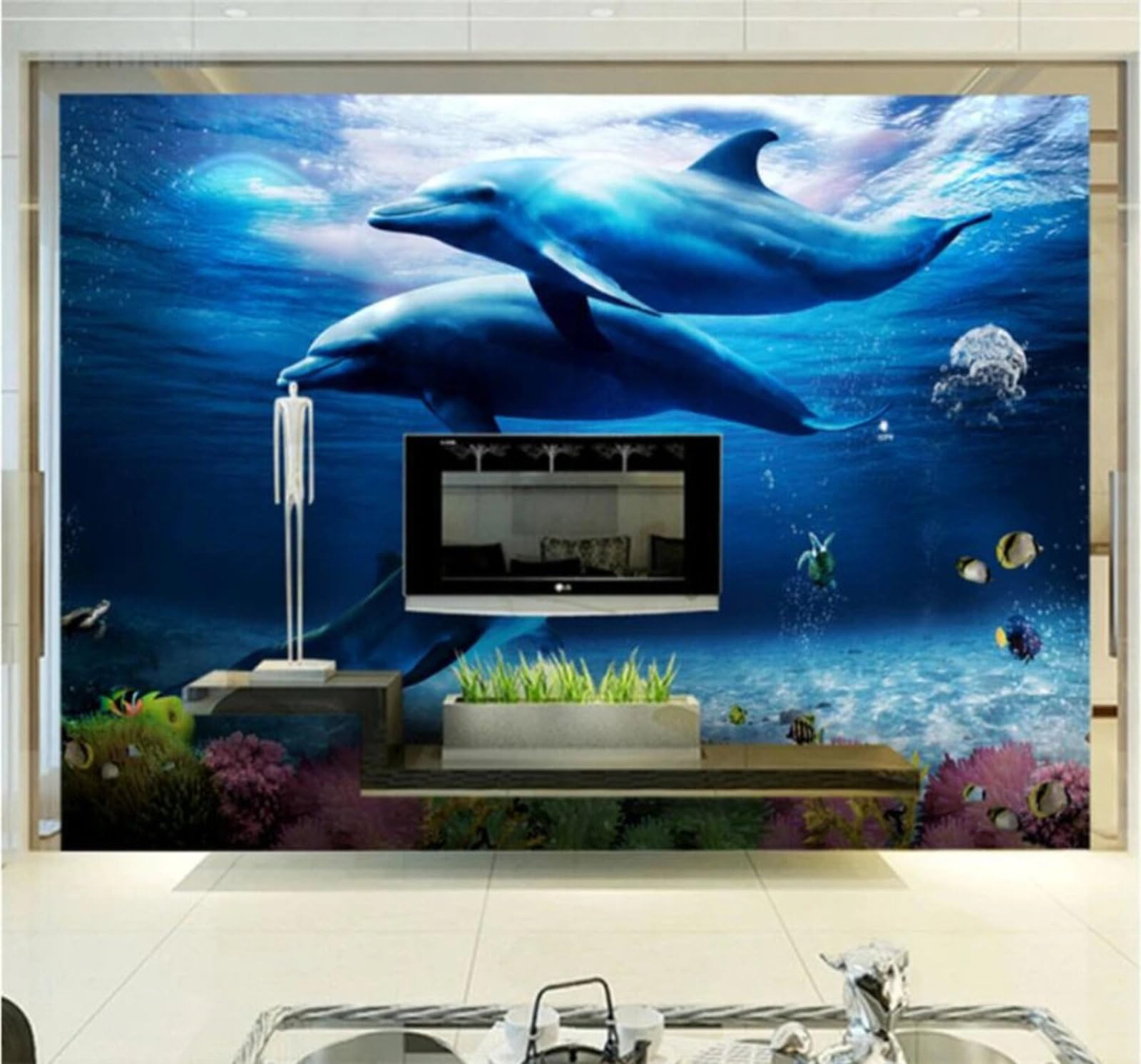 Xlming 250Cm×170Cm(B×H) Beautiful Three Dimensional Dolphin Blue Underwater World 3D Wallpaper Luxury Silk Study Dining Feature Sofa Grey Bedroom Living Room Tv Decorative Wall-250Cm×170Cm
