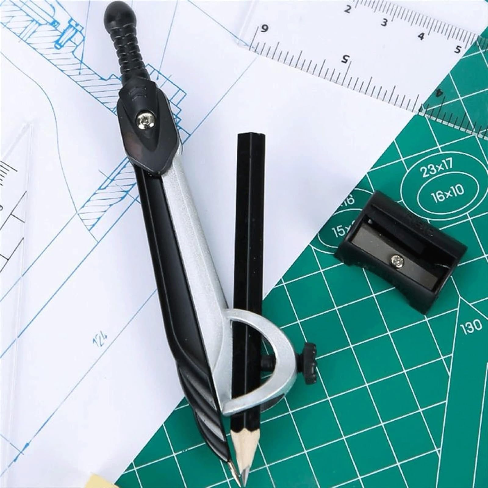 7-teiliges Mathe-Geometrie-Zirkel-Set, Werkzeugset for Zeichenkompasse for Schüler mit Lineal, Winkelmesser, Radiergummi, Minenminen for Schule und Büro