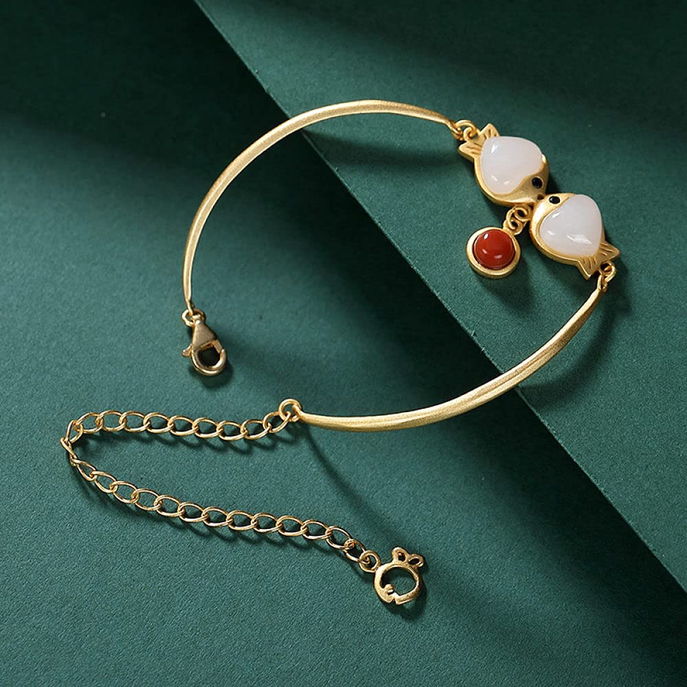 Girls Accessories Bracciale in Argento Sterling 925 Vintage per Donna Semplice Giada Giada Bianca Pesci Dorati Fascino Classico Gioielli Spiaggia Estiva Birthday Gift