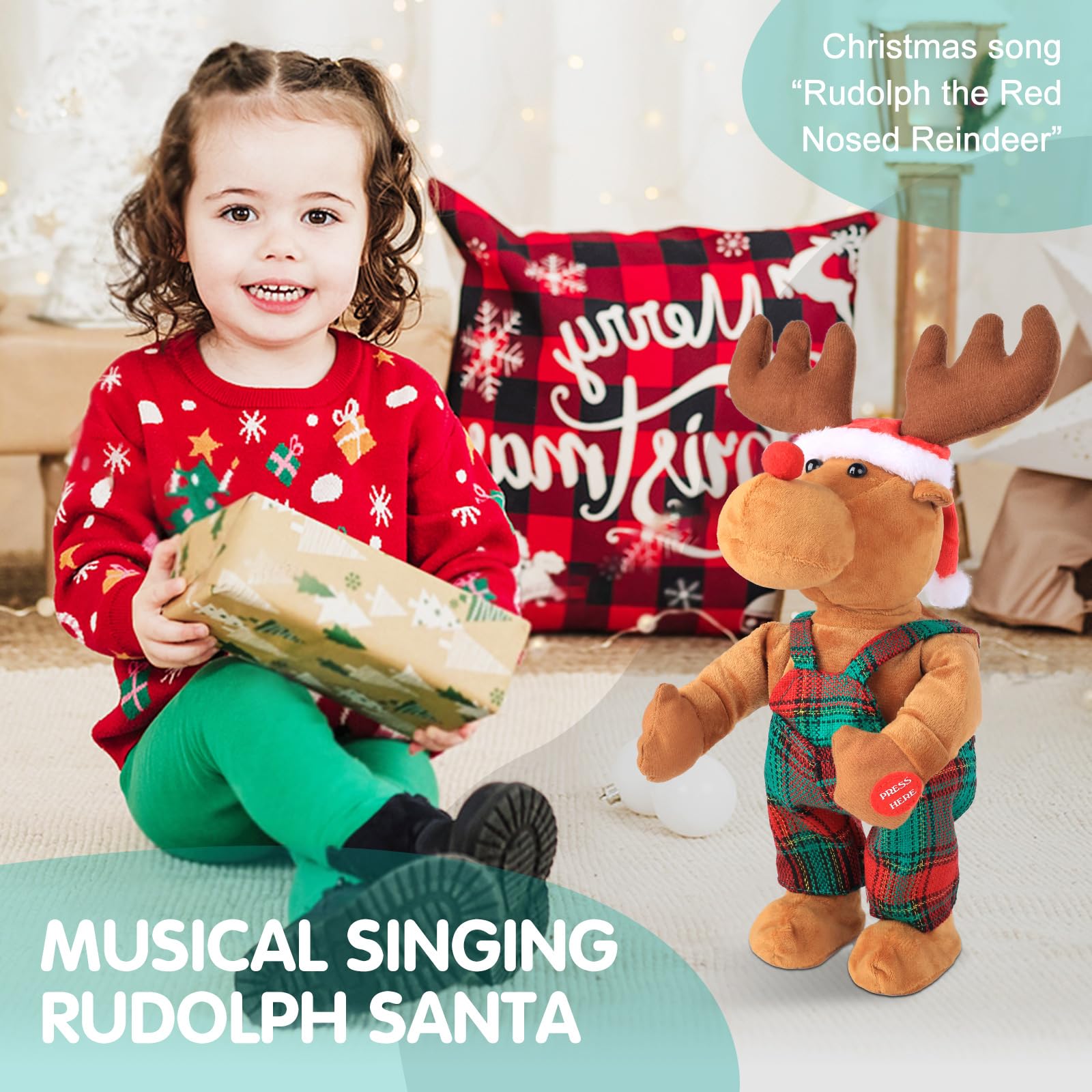 SdeNow Dancing Singing Rudolph Santa Red Nosed Reindeer Toy Tweaking Santa Claus Animated Musical Plush Santa Claus Doll - Image 3