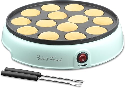 Baker's Friend Mini máquina para hacer panqueques, mini plancha holandesa para panqueques, sartén eléctrica de 14 agujeros, ideal para desayunos,