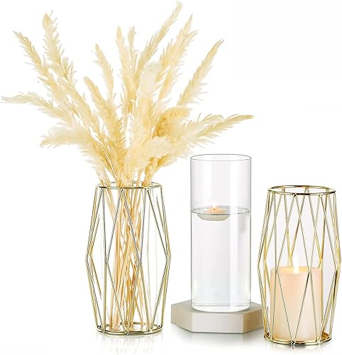 Miniatura 1 de Hewory - Jarrones de flores modernos dorados para centros de mesa, jarrones de vidrio de 8.5 pulgadas con soporte de metal, jarrones geométricos
