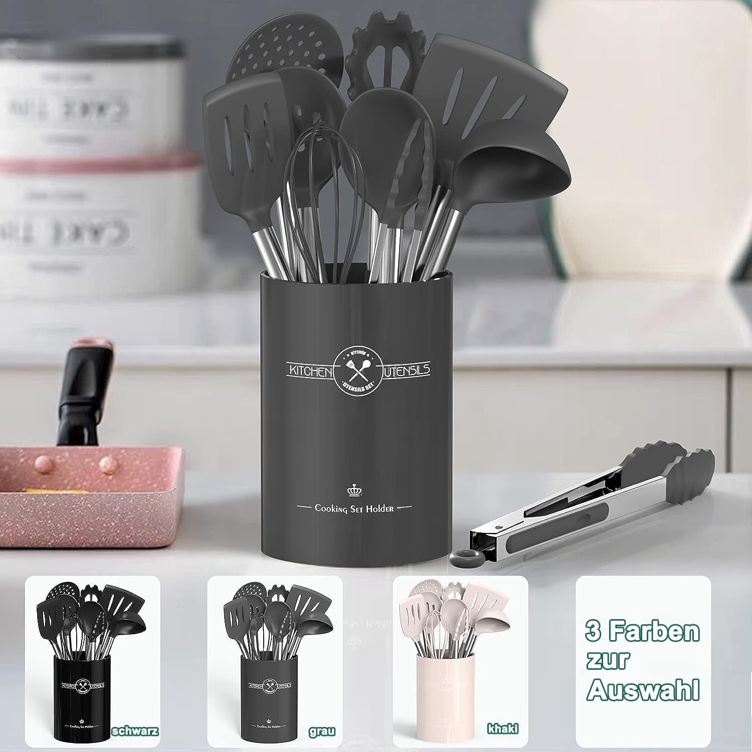 Terlulu Juego de 34 utensilios de cocina, utensilios de cocina de silicona, resistentes al calor, con soporte para utensilios, antiadherente, con mango de acero inoxidable