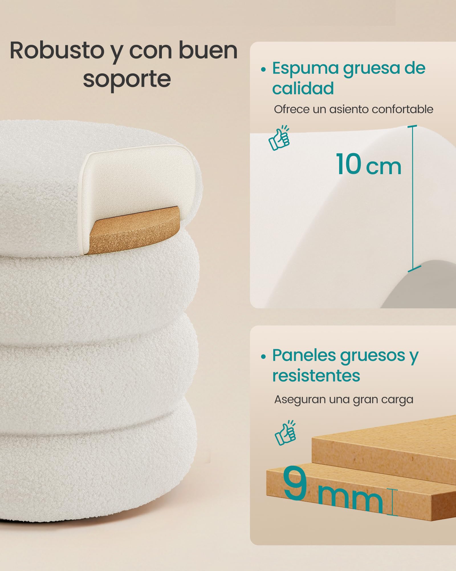 SONGMICS Taburete de Tocador, Puff Redondo con Almacenamiento, Reposapiés Acolchado, Tapa Extraíble, Salón Dormitorio Recibidor, Fácil de Montar, 43 x 47 cm, Peluche, Blanco LOM015WD01