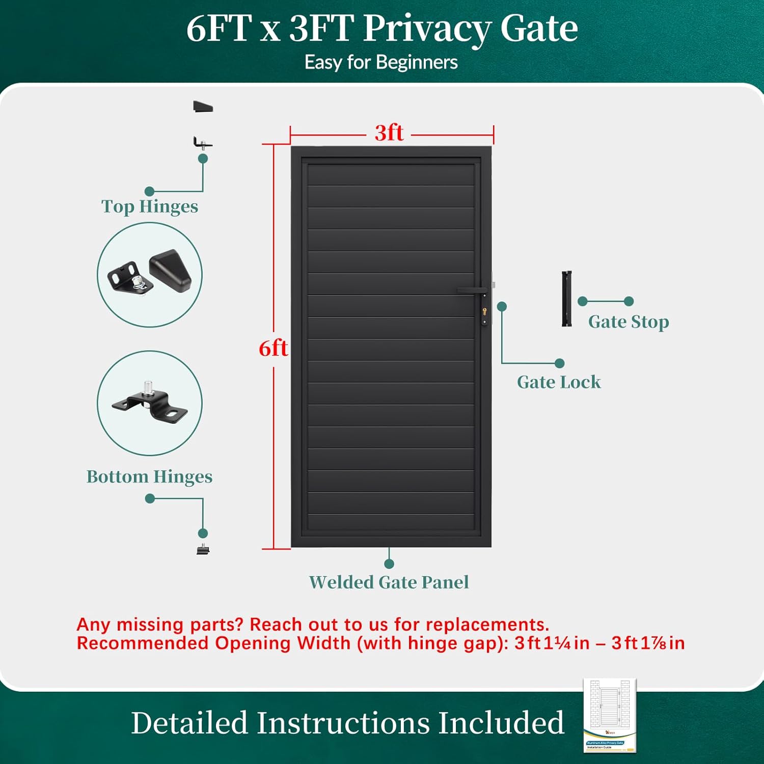 H.6ft x W.3ft Aluminum Privacy Yard Gate, Fully Welded, No Assembly, No Sagging, Black Outdoor Fence Gate with Lock Kit, AAMA 2604 Finish, for Yard & Pool Entry (with Top/Bottom Hinges)