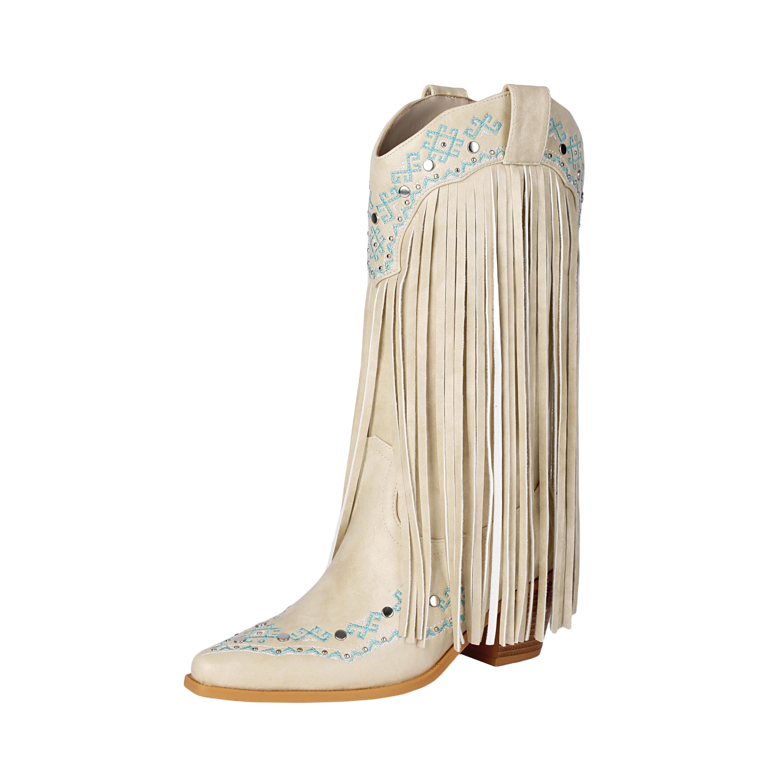LGQ Fringe Cowboy Boots for Women Wide Calf Embroidered Tassal Cowgirl Boot Knee High Snip Toe Pull On Western Shoes