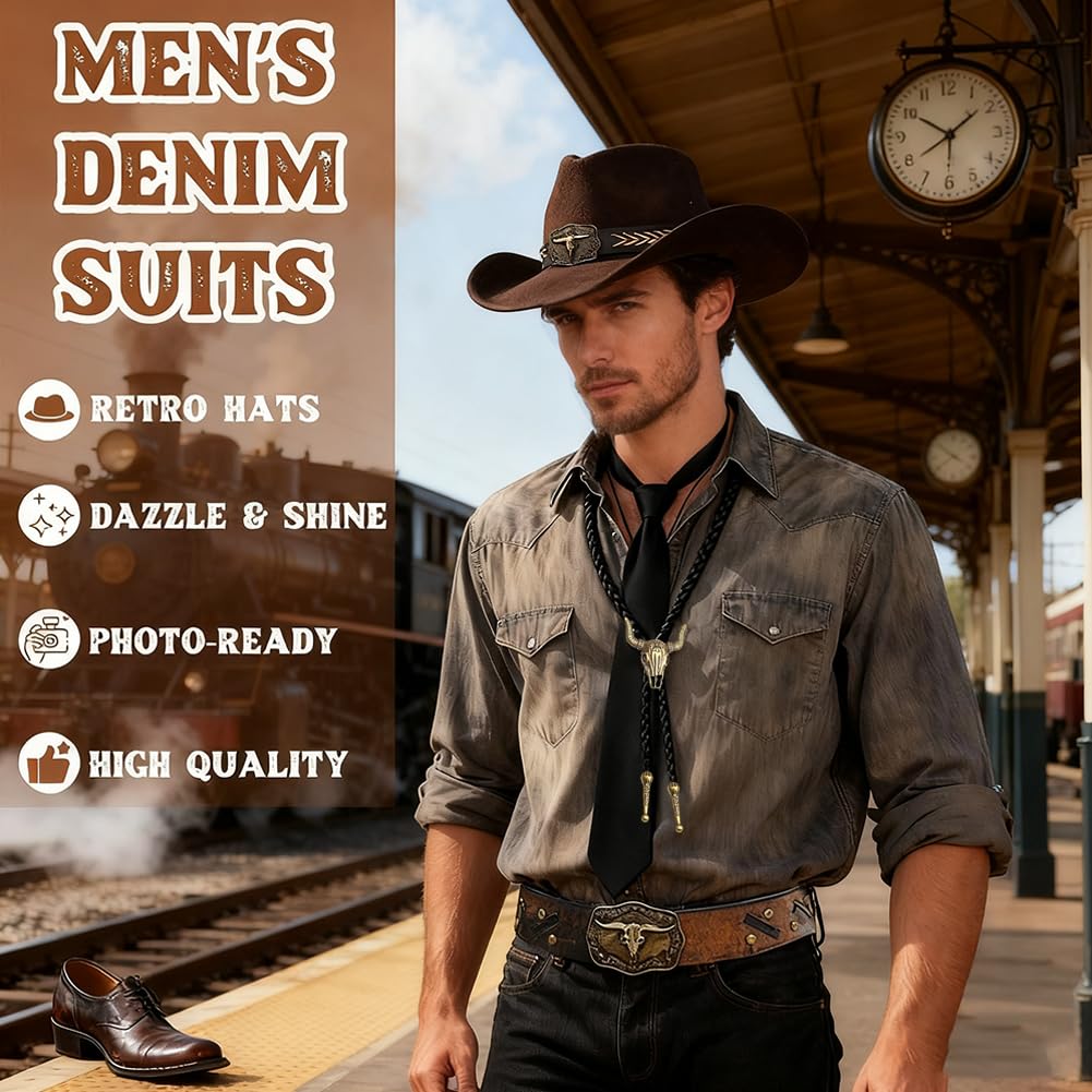 Chapeau et Accessoires Style Western Cowboy, Tenue de Déguisement pour Carnaval, Halloween, Idée Cadeau Noël et Anniversaire