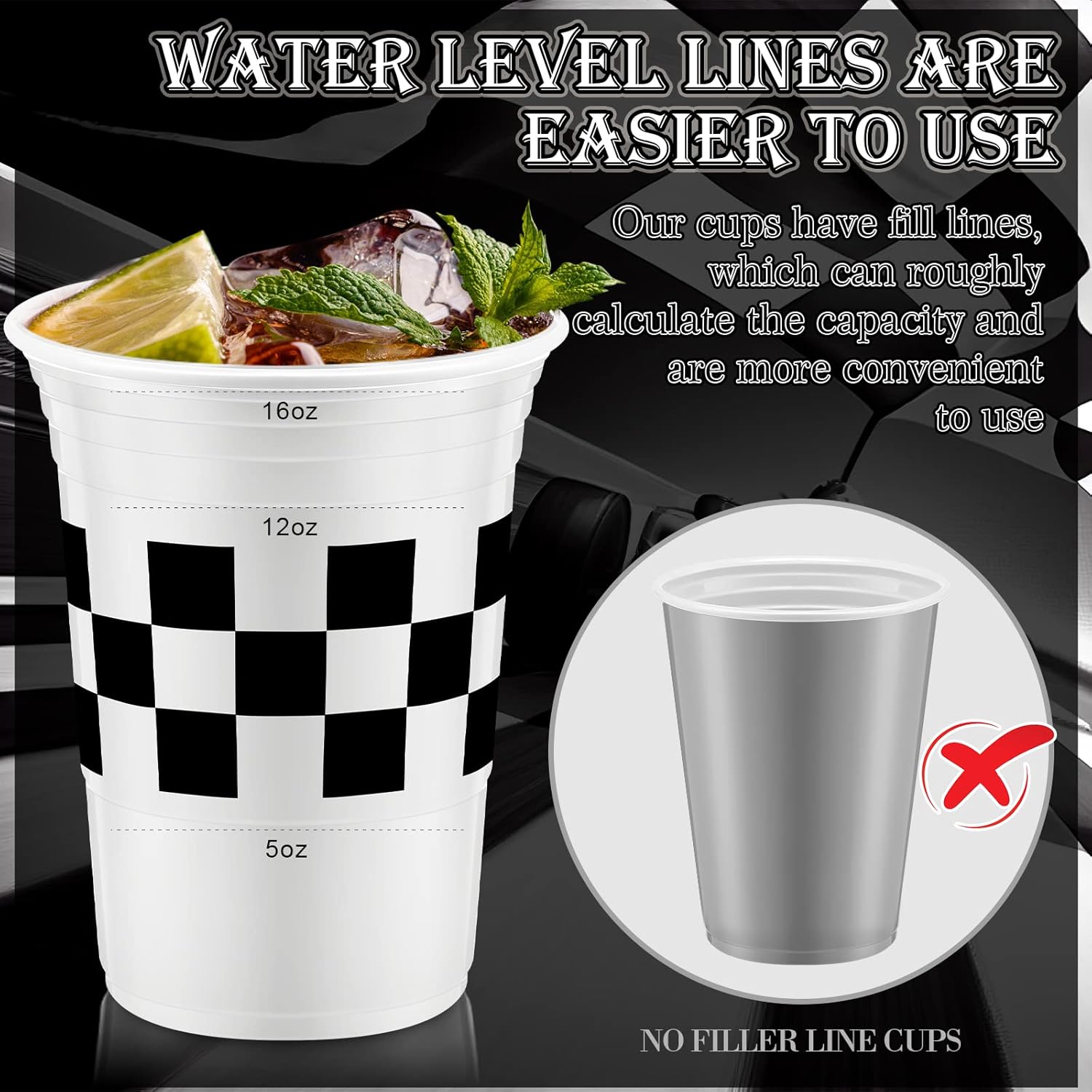 Norme 48 Pcs Checkered Cups Checkered Flag Party Supplies Bulk 16 oz Disposable Race Car Cups Thick White Black Cup for Racing Themed Birthday Party - Image 4